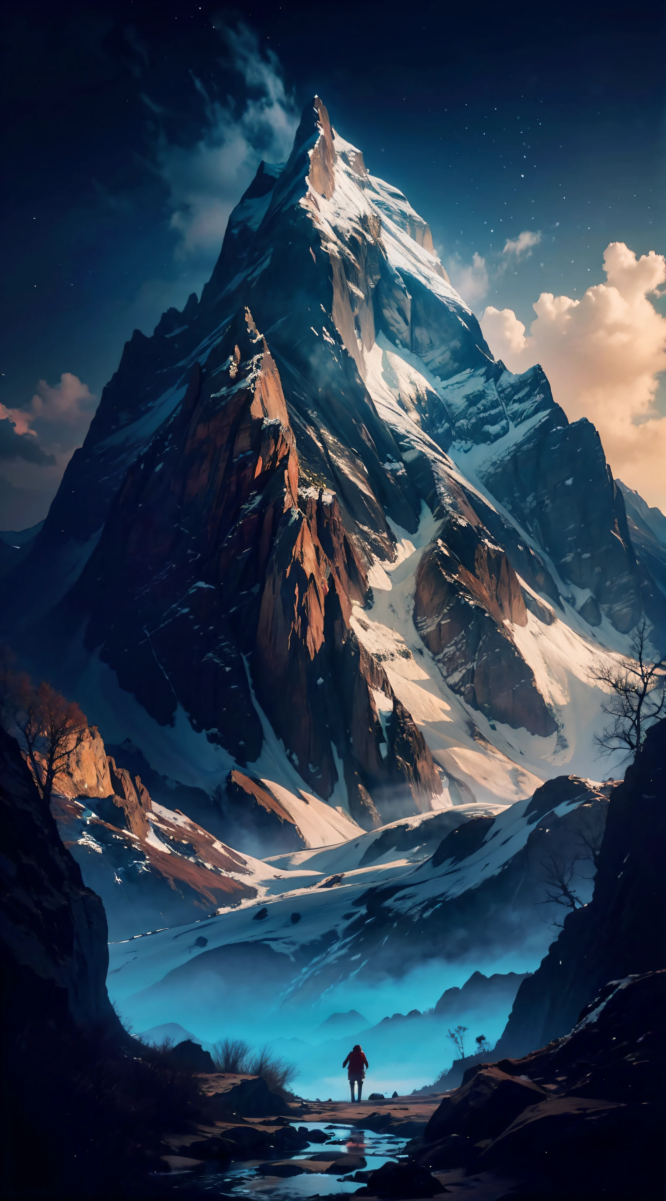 lanscape, 8k landscape of beautiful snow mountain with human standing back with red hoodie, rule of third photography, intricate, elegant, realistic depth of field photography, perfect natural lighting (masterpiece, sidelighting, finely detailed beautiful lanscape), realistic leav, realistic cloud, realistic mountain, realistic sky, beautiful sky, ray of light, rule of third photography, point of interest photography, perfect lanscape color tone, realistic river, realistic flower, realistic grass, realistic stone, realistic climb, realistic tree, best lanscape color tone, realistic land, realistic fog, add grain, stars in the sky