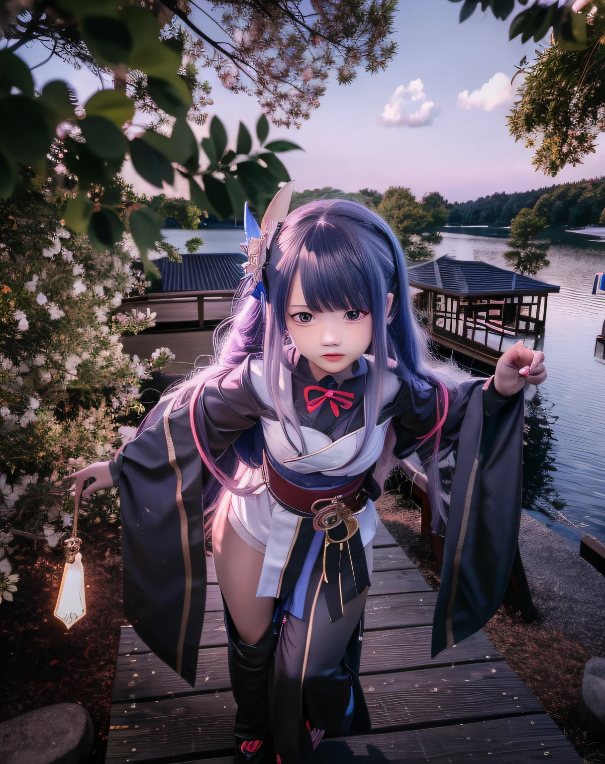 anime girl with long hair and black cape standing on a dock, shikamimi, anime moe artstyle, loli in dress, official artwork hdr, inspired by Kusumi Morikage, made with anime painter studio, small curvy loli, anime style. 8k, anime stylized, anime styled 3d, from touhou, detailed lake in background