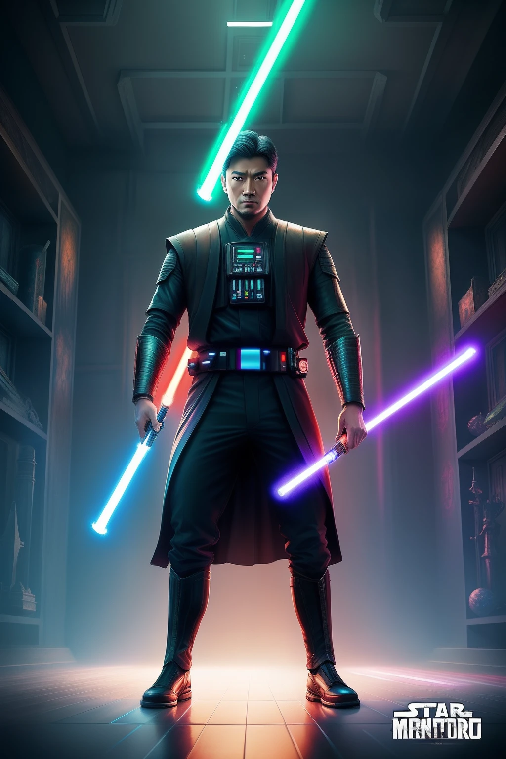 ((Full body shot)), (Best quality, Masterpiece), (Ultra-detailed colors), A handsome and charming 35-year-old Asian arm,Surrounded by a series of glowing lightsabers, Second Zodiac Palace, Hyper-realistic, Ruined barracks, Futuristic Star Wars city background , Men's rainbow translucent thin thong, large bulge, stubbles, Hairy Thighs, Very attractive, hdr, Dramatic lighting, Art Station trend, CGSociety trends, Professional photography and painting art