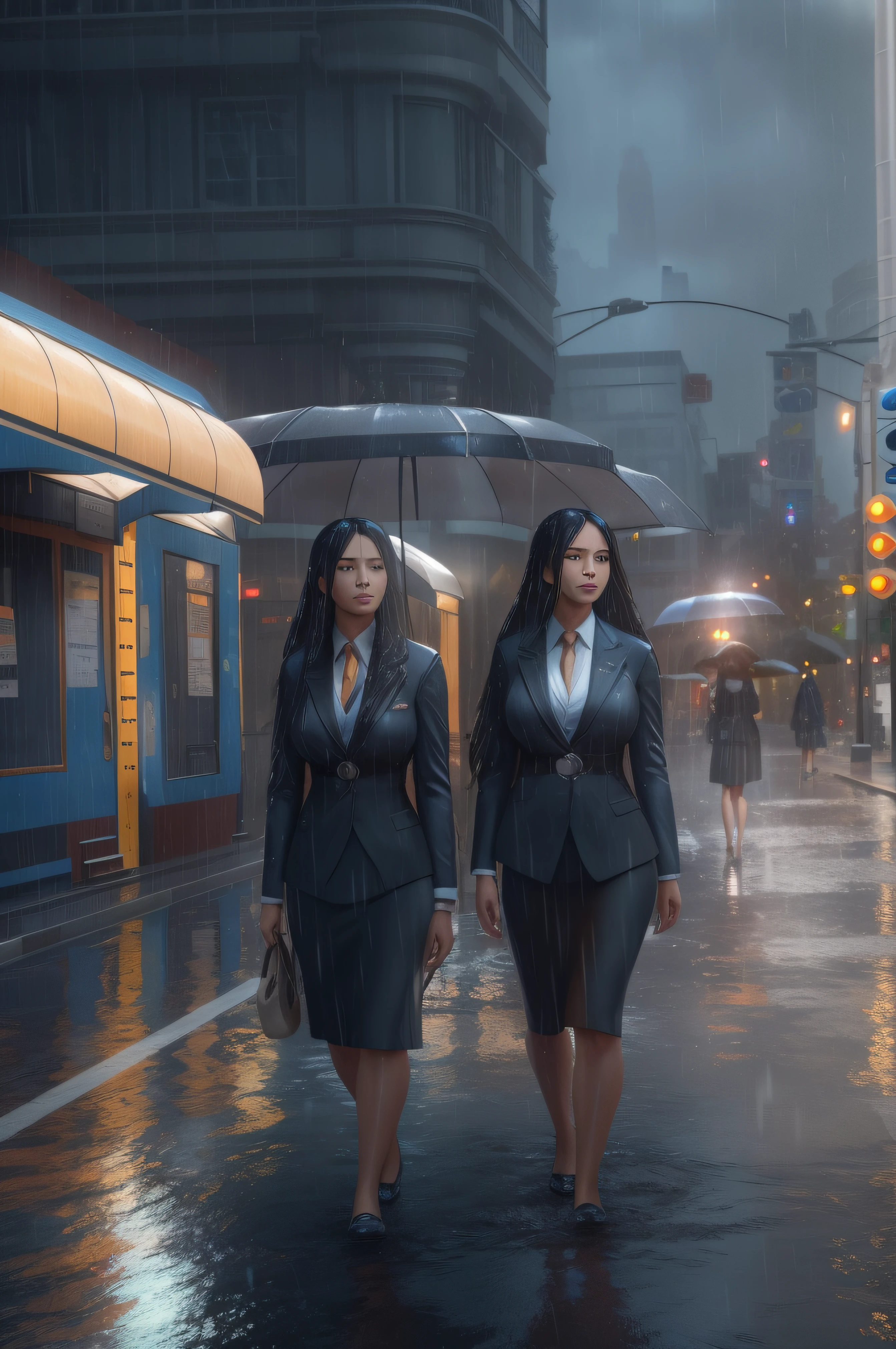 Four women with exceptionally long hair and huge breasts on the way to their daily work, waiting for the bus on a busy street. Dressed in very wet and strict office wear, super detailed photography, Play of light in the sun rain, downpour, ((a drop of water falling from a height onto the surface of the water)), splashes, luminism, intricate, 4k concept art volumetric light, unrealistic engine, global illumination, detailed environment.