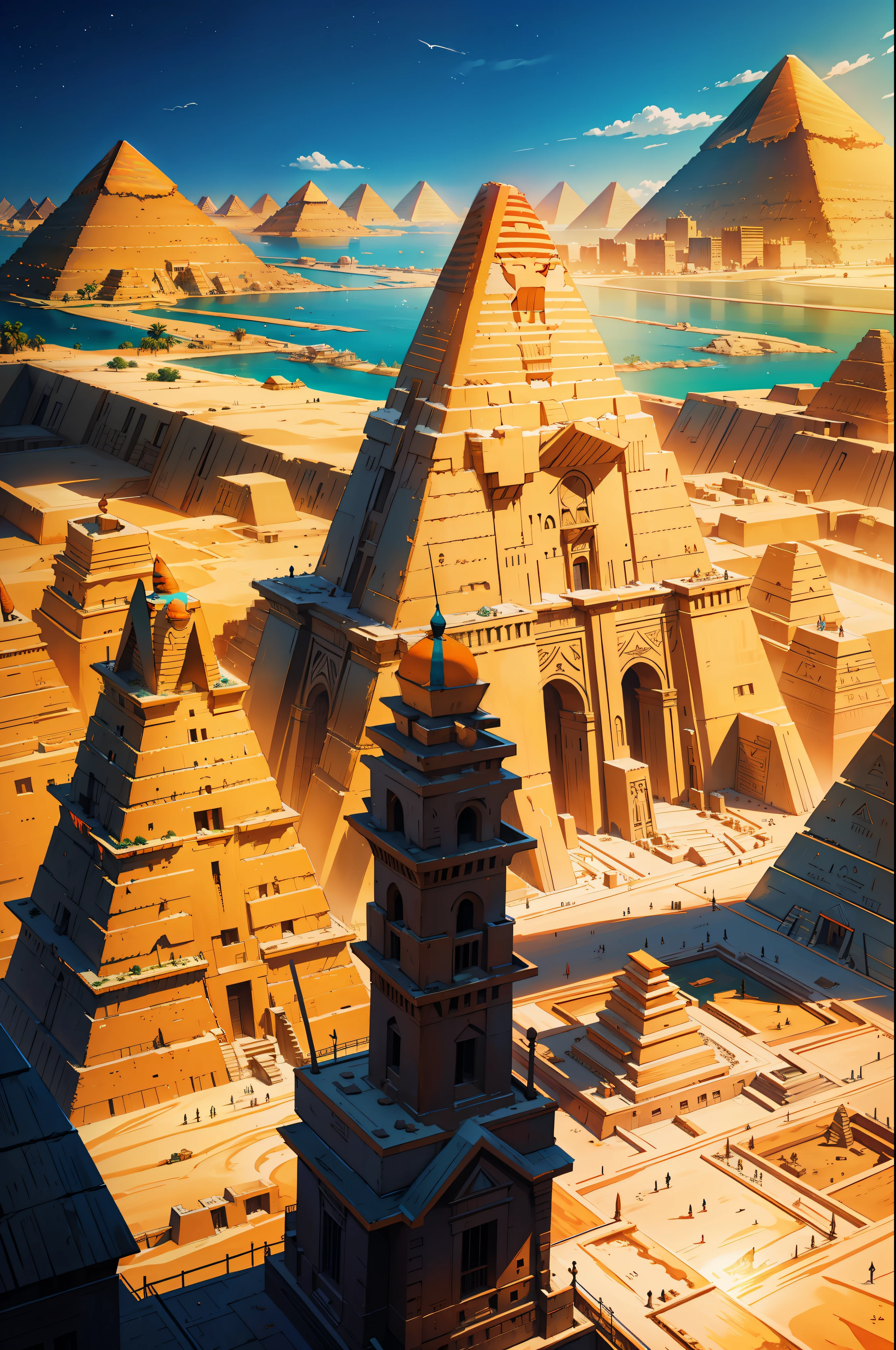 "A captivating view of the majestic pyramids of Egypt drenched in mesmerizing orange and teal color grading."