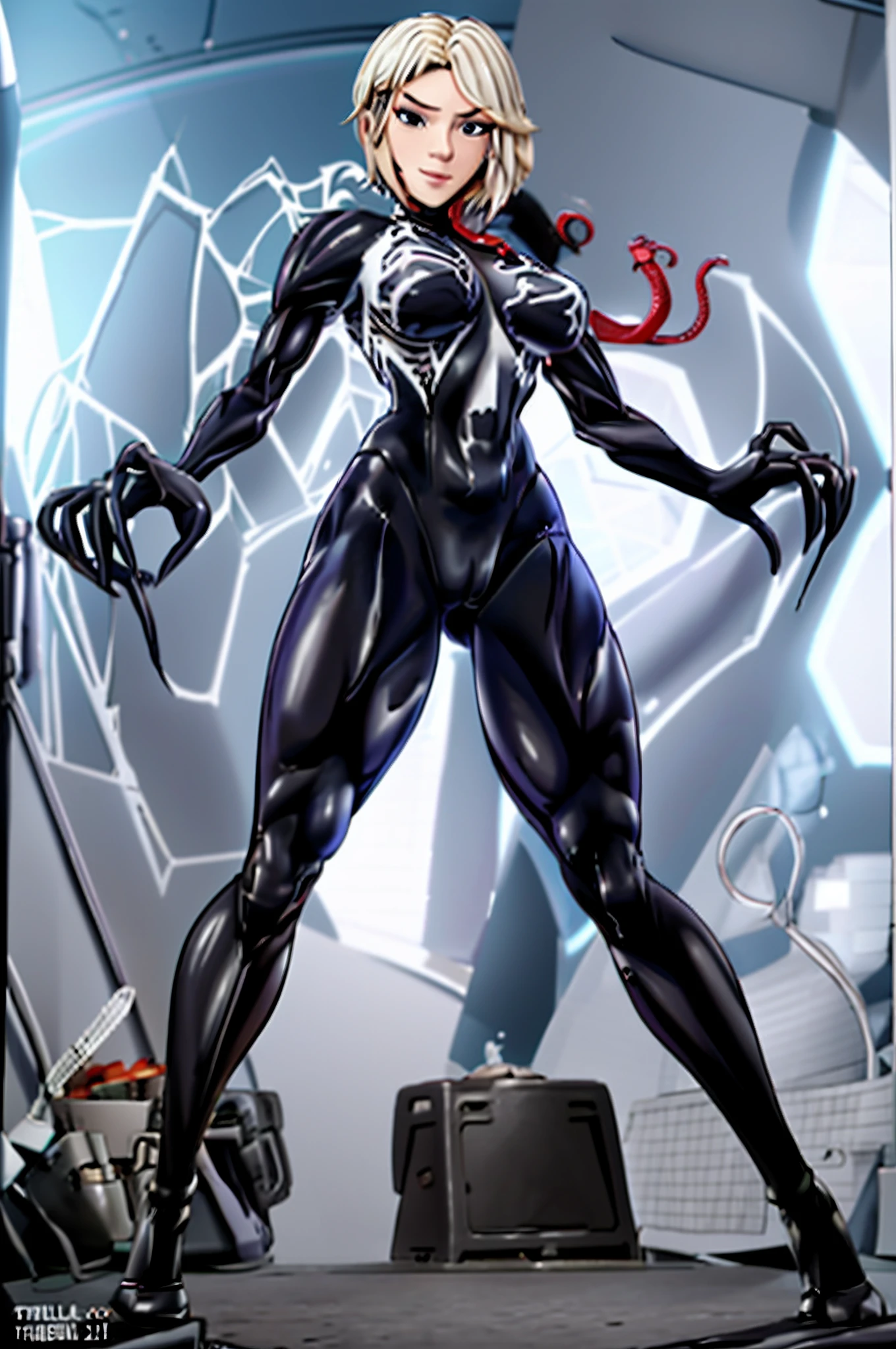 tmasterpiece,best qualityer,A high resolution,1人(femele),SH1,SpiderGwen,blond with short hair,mitts,full-body tights(black),There is only one mode(There is a white one on the chest&Large spider pattern),putting makeup on,standing on your feet,cow boy shot,(Tear clothes:1.2),(camel-toe, Vulvar shape:1.2),(Body parts, no extra limbs, precisely anatomy)