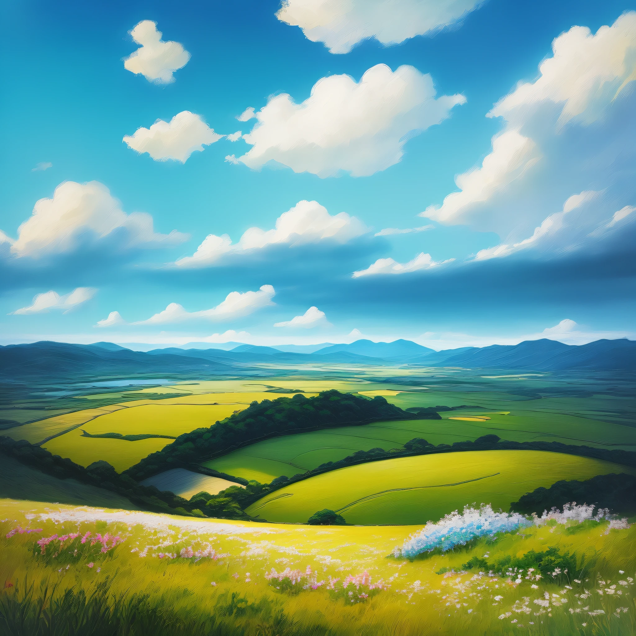 Realistic, authentic, beautiful and amazing landscape oil painting Studio Ghibli Hayao Miyazakis petal grassland with blue sky and white clouds --AR 16:9 --v6