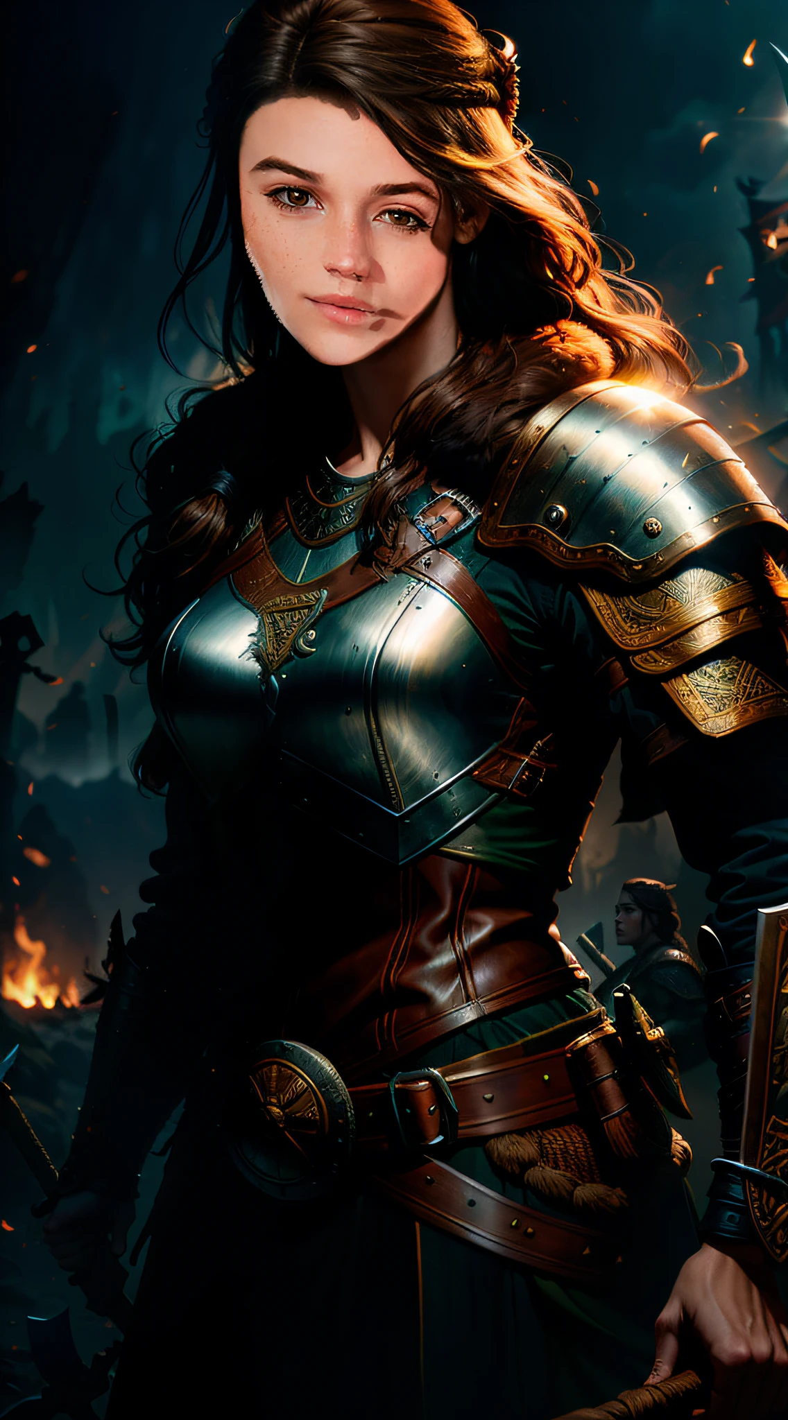 Movie poster, female warrior, long brown hair, delicate face, holding viking battle axe, leather clothing, rich details, intricate details, volumetric light, 4K rendering, hyper realistic, realistic texture,