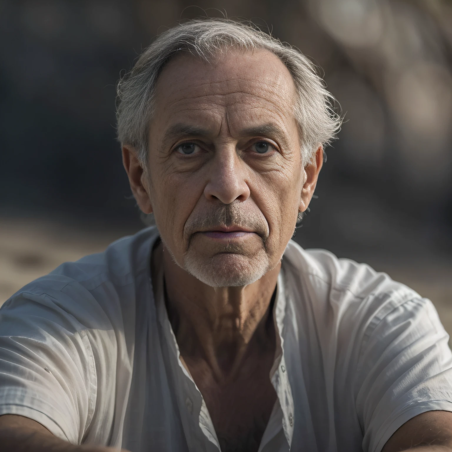 homem mais velho com cabelo branco e camisa branca sentado em uma praia, foto retrato suave 8 k, foto do retrato de um homem velho, cinematic portrayal, color photograph portrait 4k, Retrato tirado 8 K, Retrato 4k, retrato do homem velho, foto de retrato de pintura fosca, Cinematic realistic portrait, O olhar de um idoso, Retrato VFX altamente detalhado, cinematic bust portrait