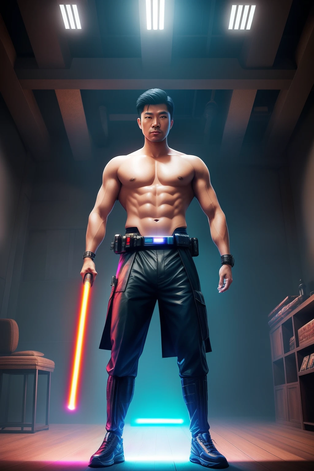 ((Full body shot)), (Best quality, Masterpiece), (Ultra-detailed colors), A handsome and charming 35-year-old Asian arm,Surrounded by a series of glowing lightsabers, Second Zodiac Palace, Hyper-realistic, Ruined barracks, Futuristic Star Wars city background , Men's rainbow translucent thin thong, large bulge, stubbles, Hairy Thighs, Very attractive, hdr, Dramatic lighting, Art Station trend, CGSociety trends, Professional photography and painting art
