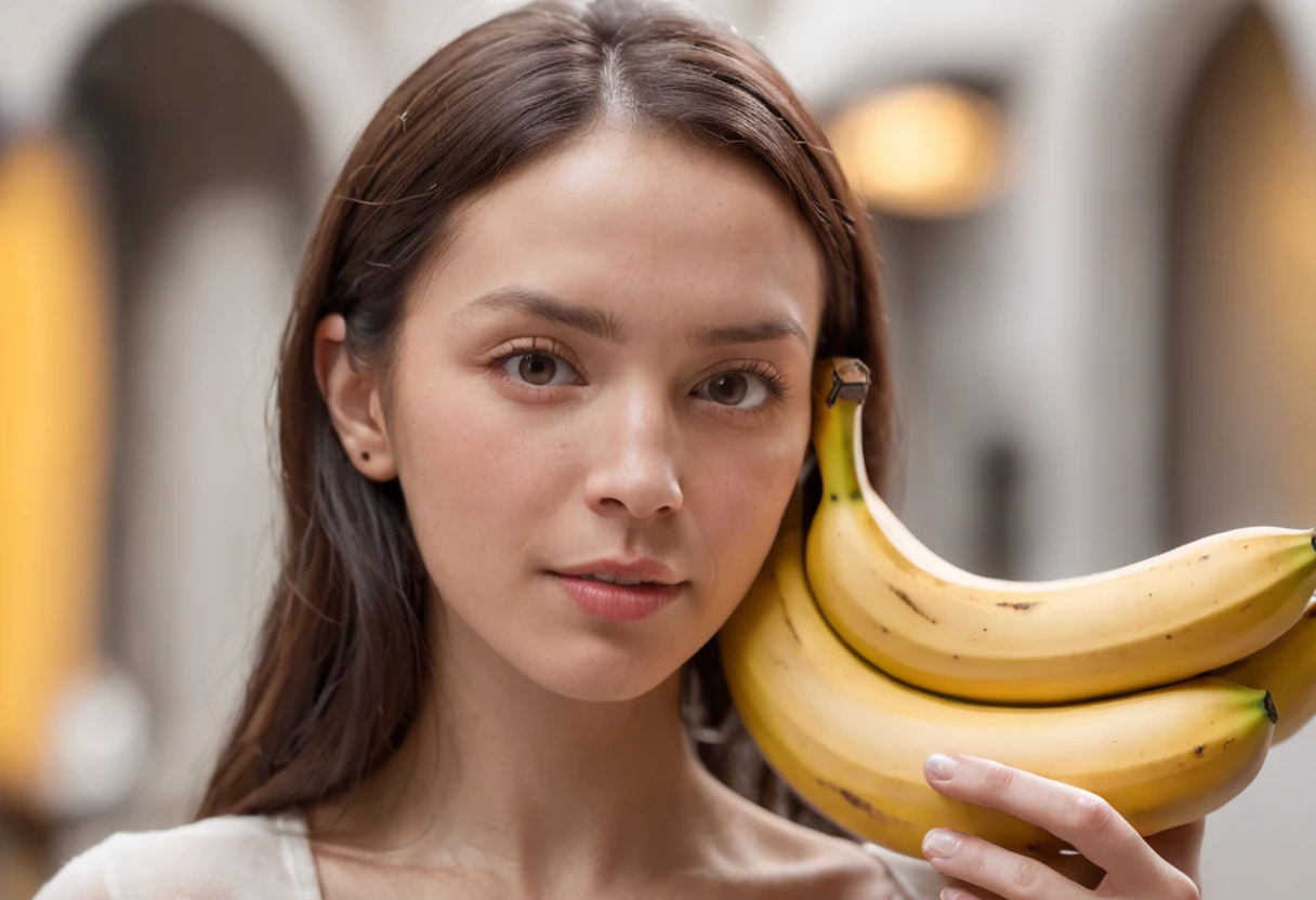 mulher visivelmente surpresa e encantada, holding a giant banana with one hand. Your eyes are wide open, expressing a mixture of shock and admiration as he holds the banana close to his face. His hands are delicately resting on the banana, and his mouth is half-open, adding to his expression of surprise. The scene captures the moment when she is discovering and reacting to the presence of the giant banana, radiating fascination and admiration