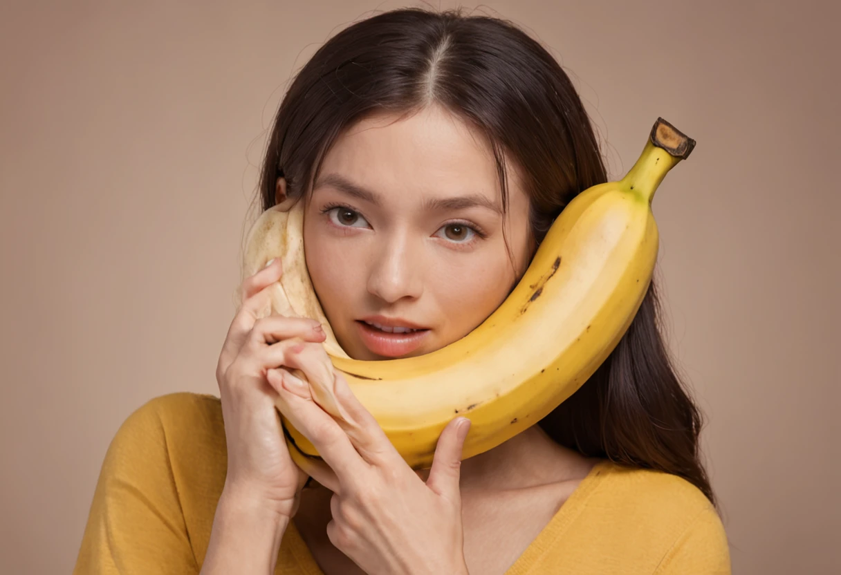 mulher visivelmente surpresa e encantada, holding a giant banana with one hand. Your eyes are wide open, expressing a mixture of shock and admiration as he holds the banana close to his face. His hands are delicately resting on the banana, and his mouth is half-open, adding to his expression of surprise. The scene captures the moment when she is discovering and reacting to the presence of the giant banana, radiating fascination and admiration