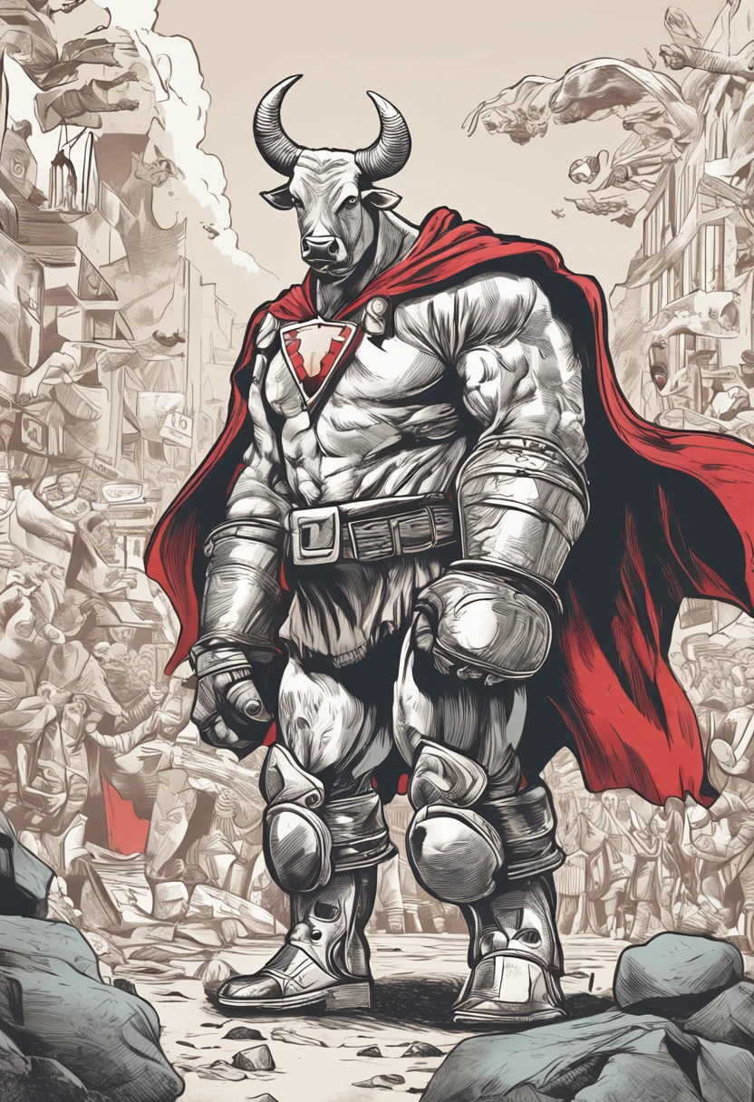 a cartoon cow wearing boxing gloves and a cape, fantastic , mikecow, bovine, cow, human dressed as a bull, by Edward Avedisian, by Aleksander Kotsis, wallpaper - 1 0 2 4, an ox, hyper bullish, by Artur Tarnowski, campy. cow costume with udders, in a fighting stance, 4 different poses