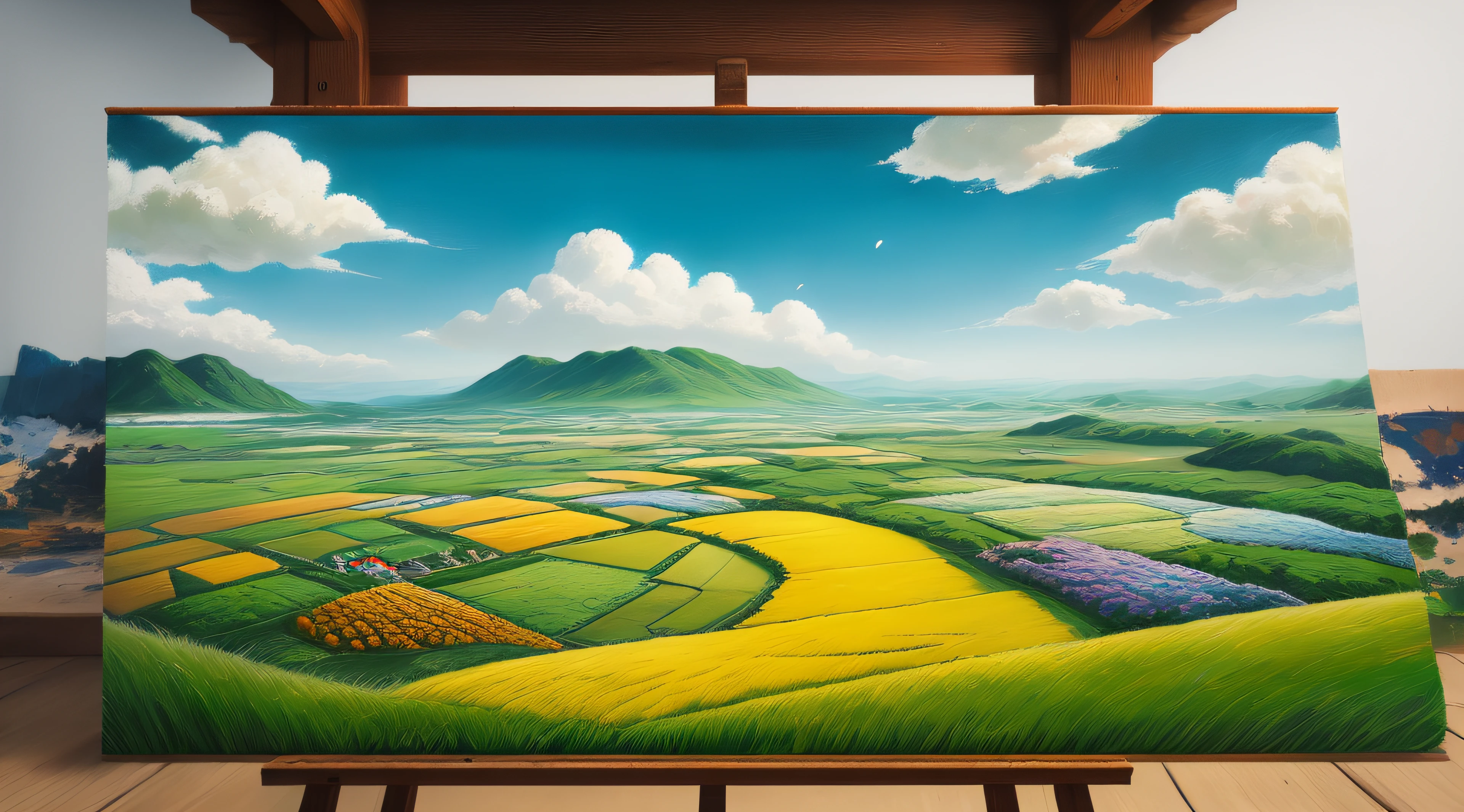 Realistic, authentic, beautiful and amazing landscape oil painting Studio Ghibli Hayao Miyazakis petal grassland with blue sky and white clouds --AR 16:9 --v6