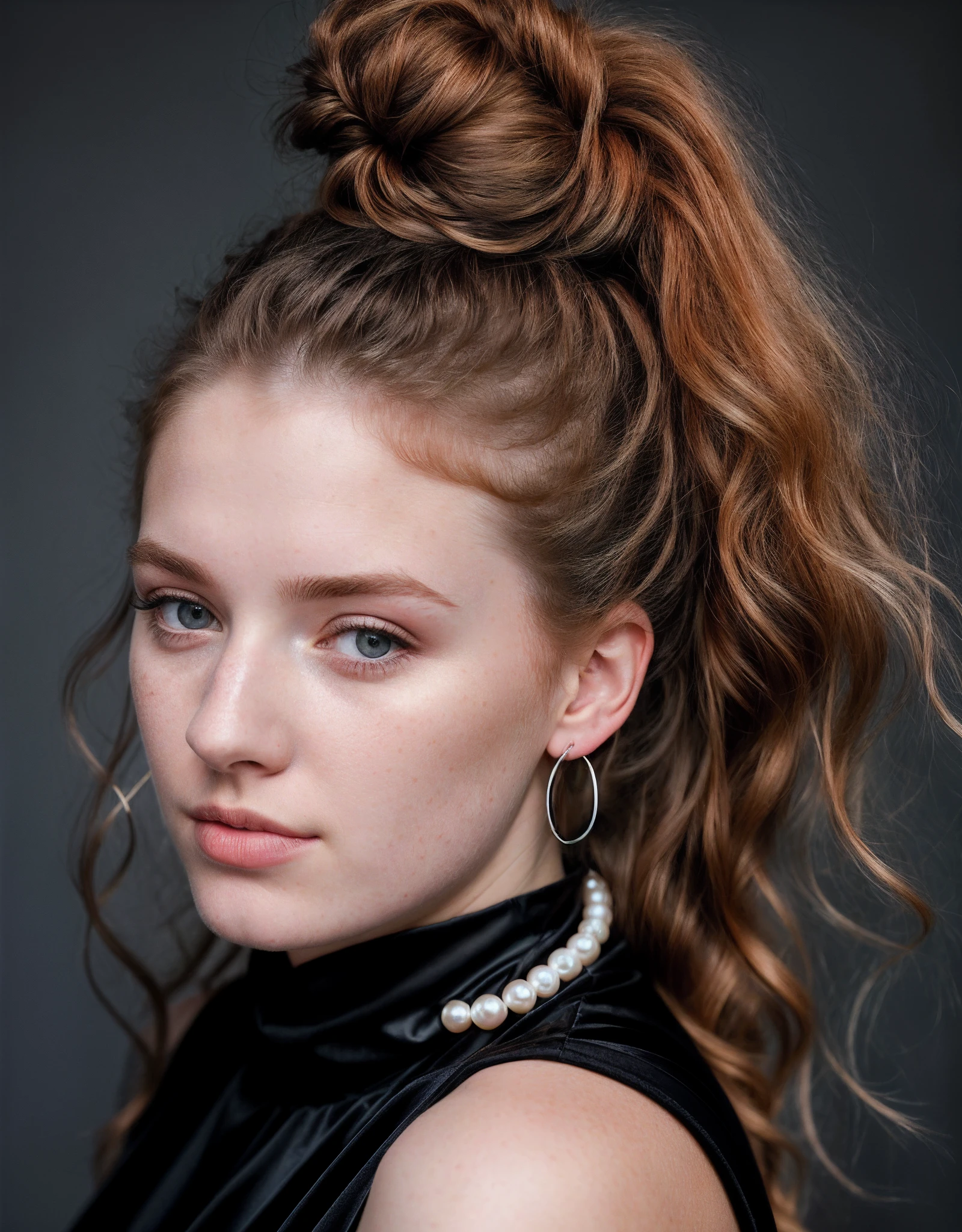 full-length shot of an 18-year-old Irishwoman, in black metallic dress, turning sideways, ginger matted hair tied back, wearing pearl necklace, nose stud jewelry, wearing hoop earrings, ultra sharp focus (high detailed skin:1.2), 8k uhd, dslr, high quality, film grain, Fujifilm XT38k, {{1girl}}