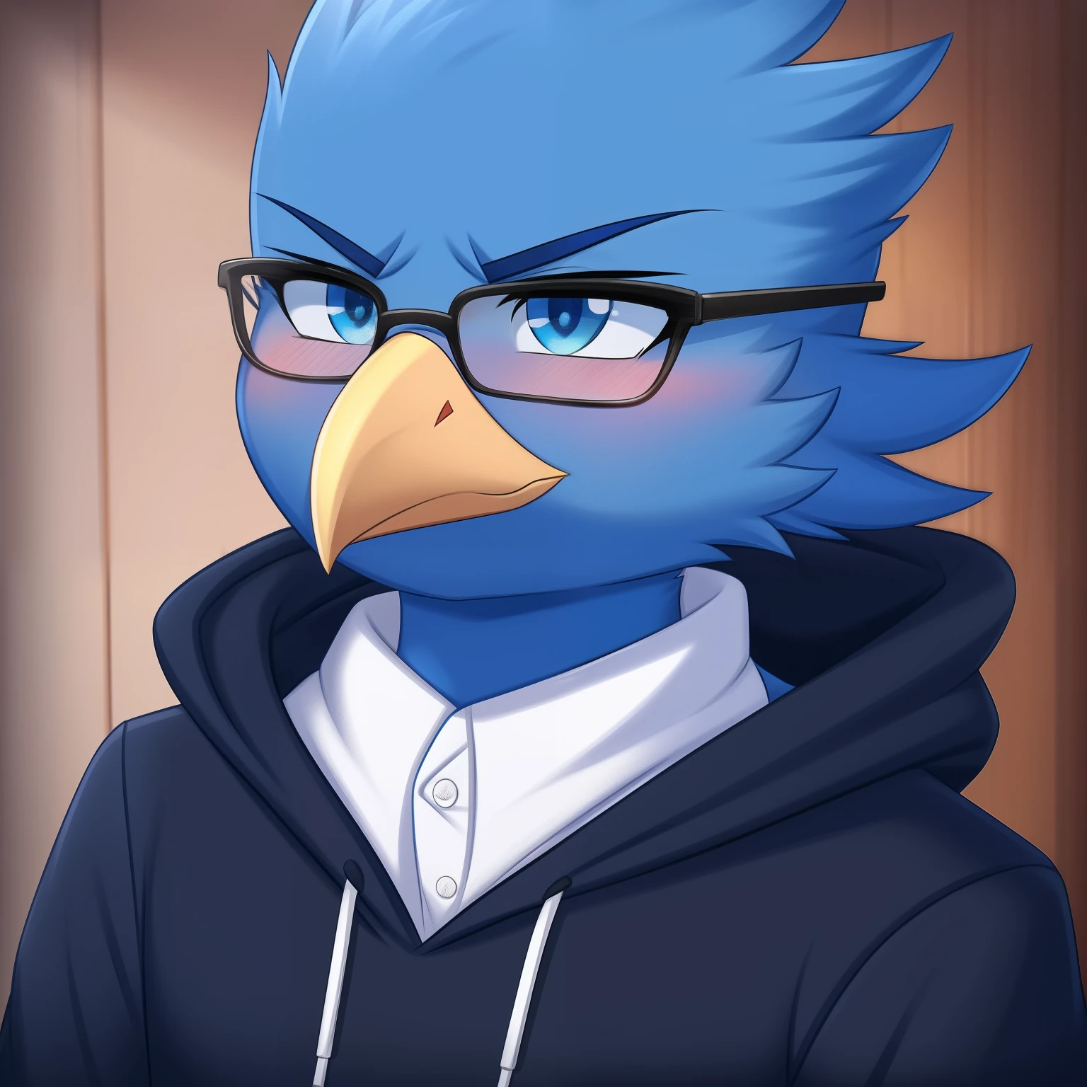 Berdly from Deltarune, professional art made by twistedscarlett60, male, solo, avian, bird, blue body, blue feathers, blue skin, artist:twistedscarlett60, glasses, black hoodie, pout, angry, bust, chibi, cute, 8k