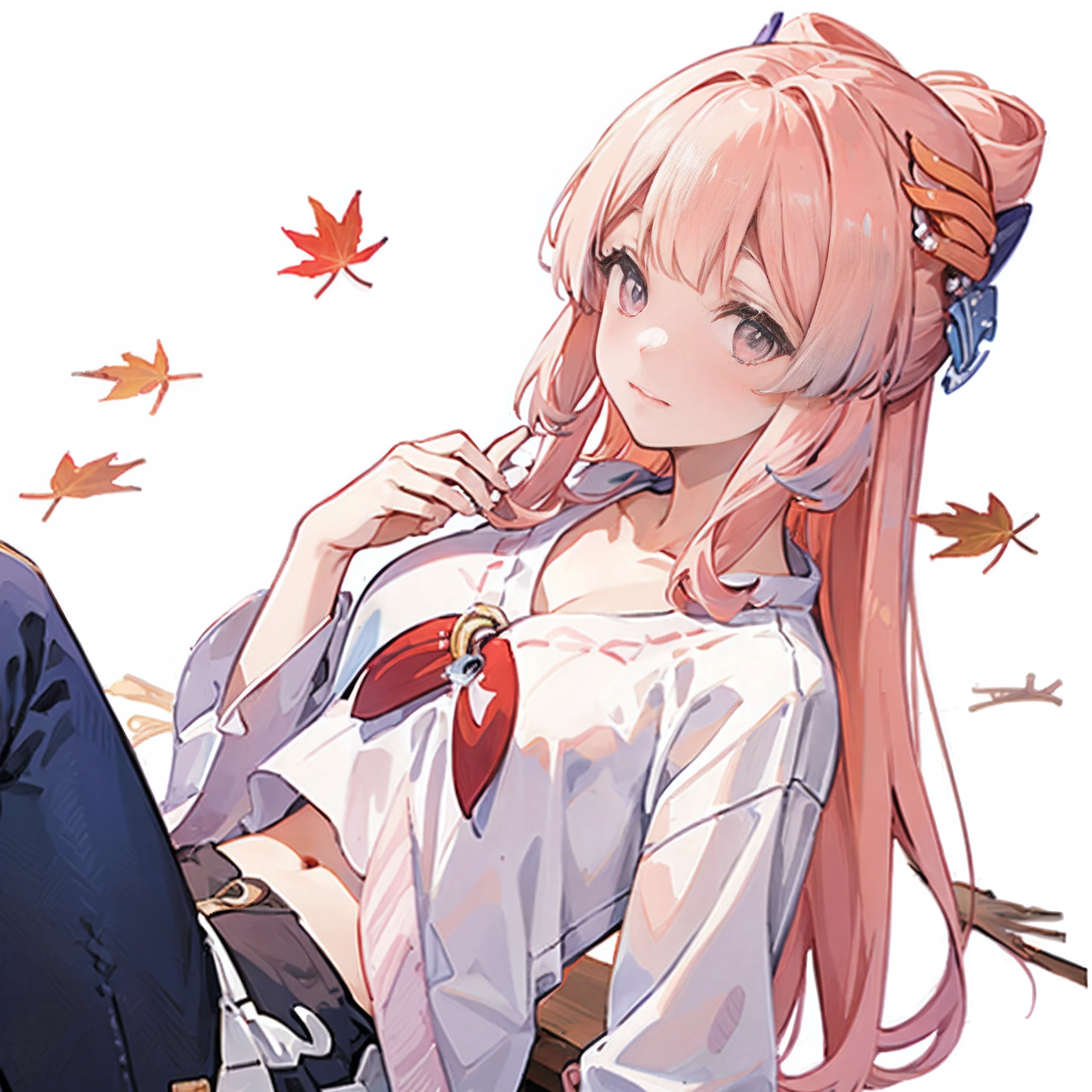 autumn leaves pattern white background, sitting in the middle, casual outfit, long sleeve sweeter, pink hair, kokomi from genshin impact