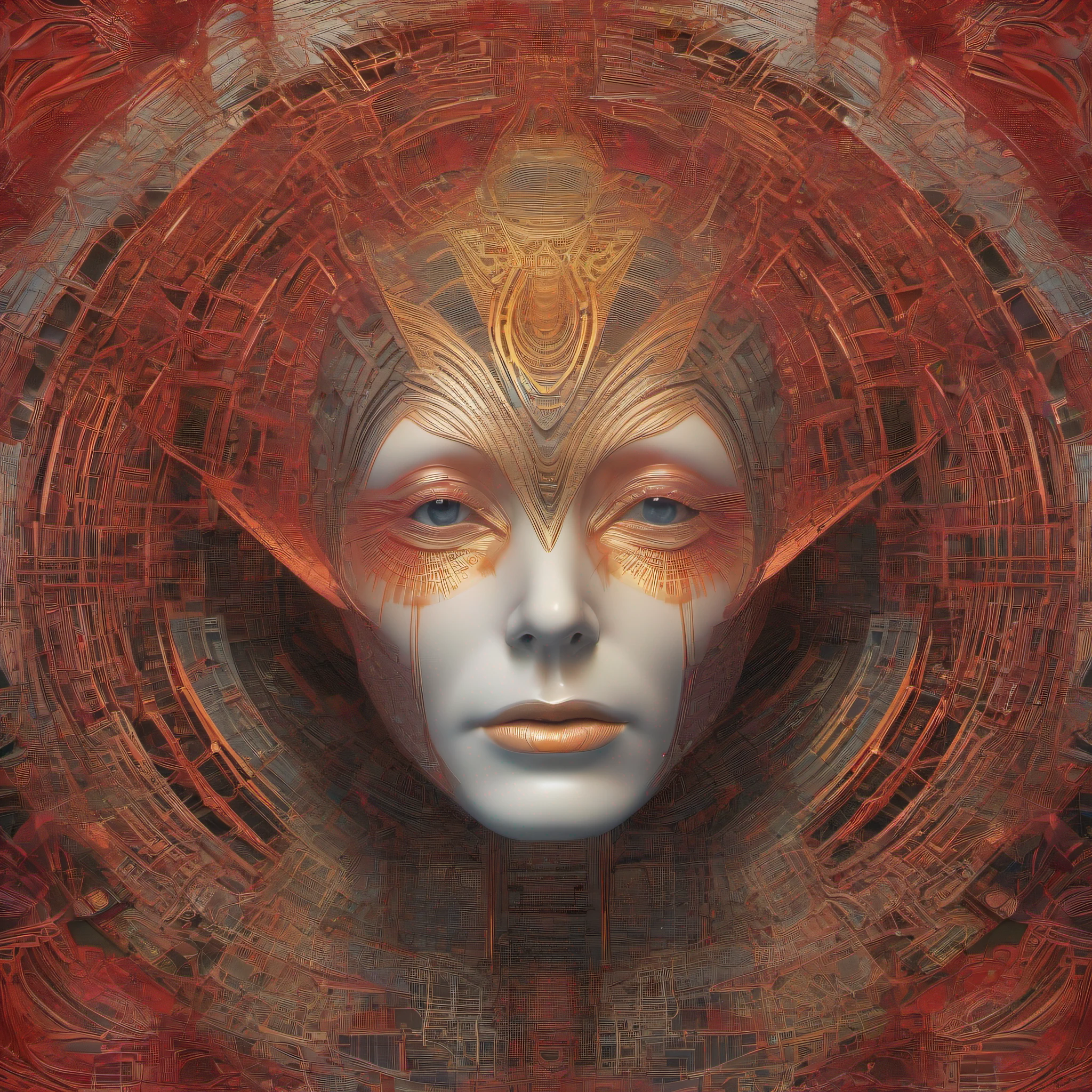 Ghostly portrait of a futuristic alien from another dimension, das symmetrische und absurd detailliertes Gesicht eines Aliens, (Aliengesicht, geschlossene Augen, friedlich), Creator of the universe with powerful ancient magic from an unknown dimension, Cover-Art, im Hintergrund endlos viele Dimensionen und hochsymmetrisch, absolute einfache geometrische Muster, feinste Kunst der Welt, das Fliesen der Entropie, cinematische Farbgebung, Perfekte Farben, rotes Hintergrundleuchten, best qulaity, Meisterwerk