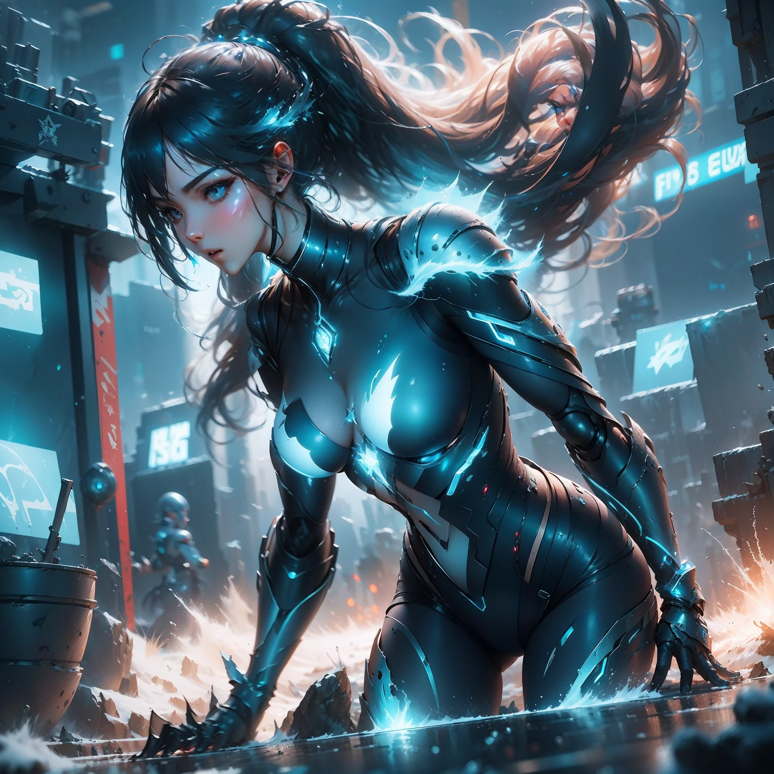 A female robot, Fighting posture, combat scene, futurism, Anime style, Sparkle, filmgrain, Wide shot, Wide-angle, hyper HD, hyper HD, High details, Super detail, A high resolution, Best quality, A high resolution