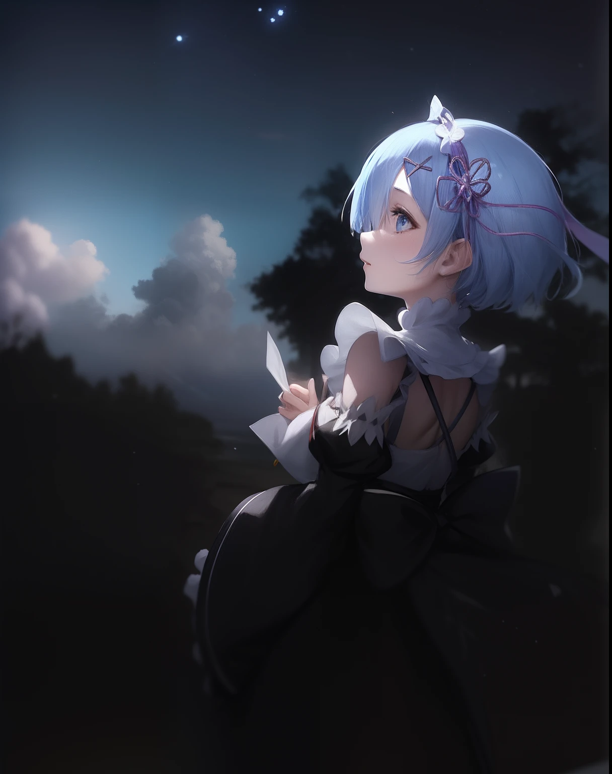 Rem from the anime re-zero sitting on a rock with a starry sky in the background, rem rezero |, 8k!, de touhou, 8k!!, 4k], 4 mil ], Tsuaii, anime moe artstyle, estilo anime 4K, Melhor Anime 4K Konachan Wallpaper, Feliz!!!, noite!!, Papel de parede anime 4k, Noite, Rei Ayanami