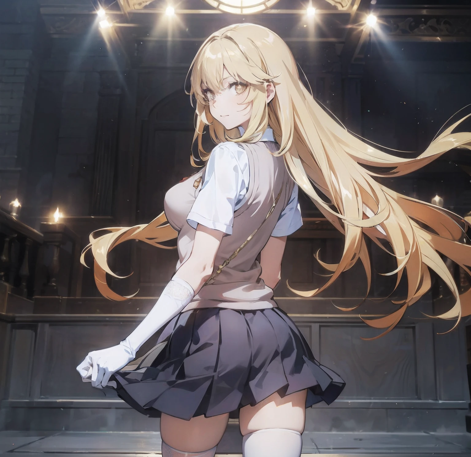 ((Many random poses)), excellent quality, Beautiful quality, Detailed lighting, detailed skin, Extremely detailed hair, Extremely detailed, extremely detailed eyes, thighs, from behind, masterpiece soft smile, hmmisaki, 1girl, long hair, symbol-shaped pupils, +_+, large breasts, tokiwadai school uniform, sweater vest, short sleeves, white gloves, elbow gloves, pleated skirt, white thighhighs