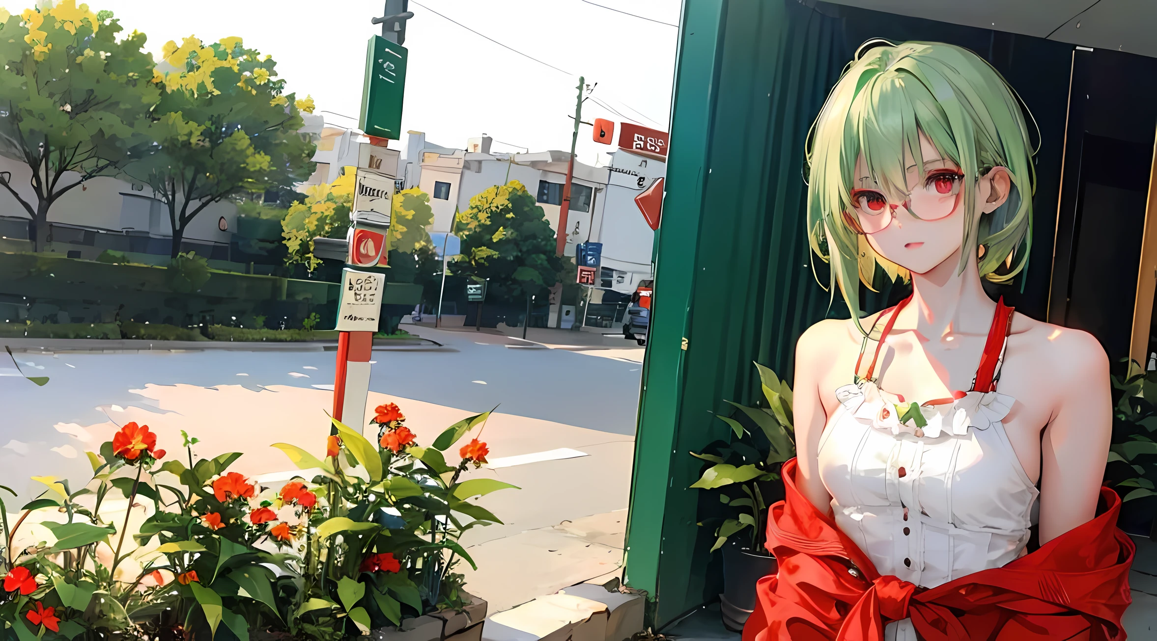 1girl, green hair, glasses with, summer outfit, red eyes, accurate fingers, (masterpiece), best quality, expressive eyes, perfect face, shoulder blades