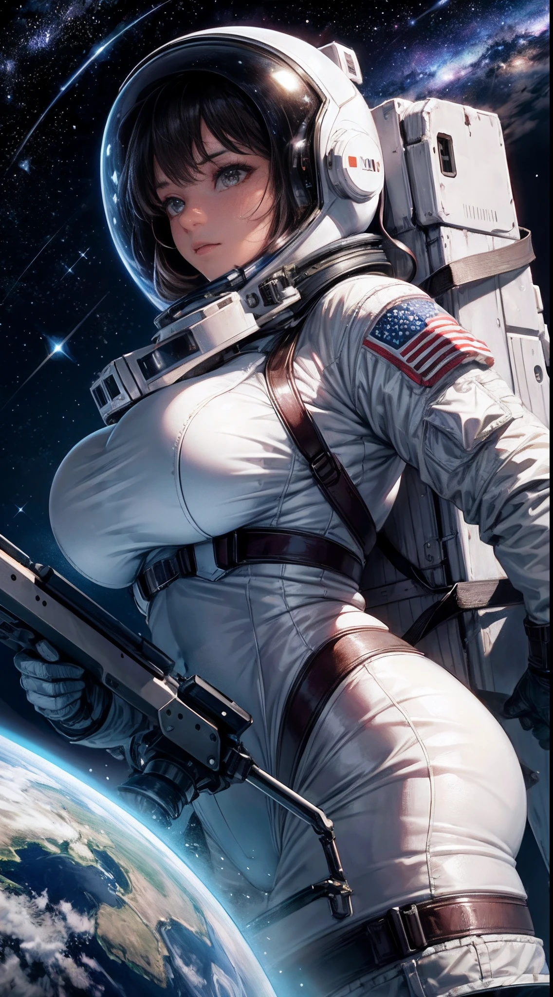 huge natural breasts, woman wearing a spacesuit and helmet 8K，high detal，Hyper-detailing，Facing the viewer, starry skies, on surface of moon, detailed galaxy in back ground, shooting stars