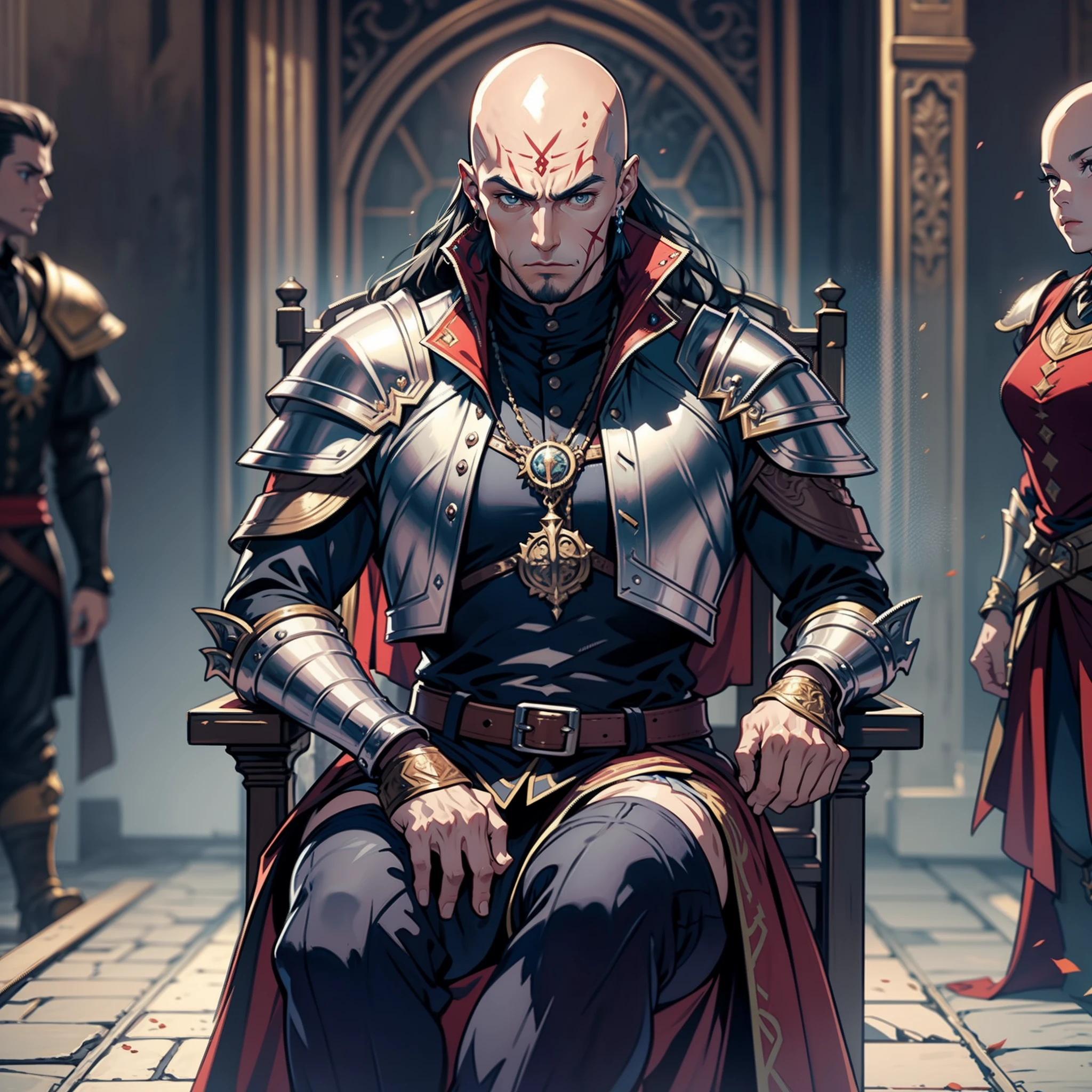Castlevania Lord of the shadows hyper realistic super detailed muscular handsome warrior bald wearing medieval moroccan Armor leather Armor Wear hyper realistic super detailed sitting in great Legendary throne moroccan with his servants full wear