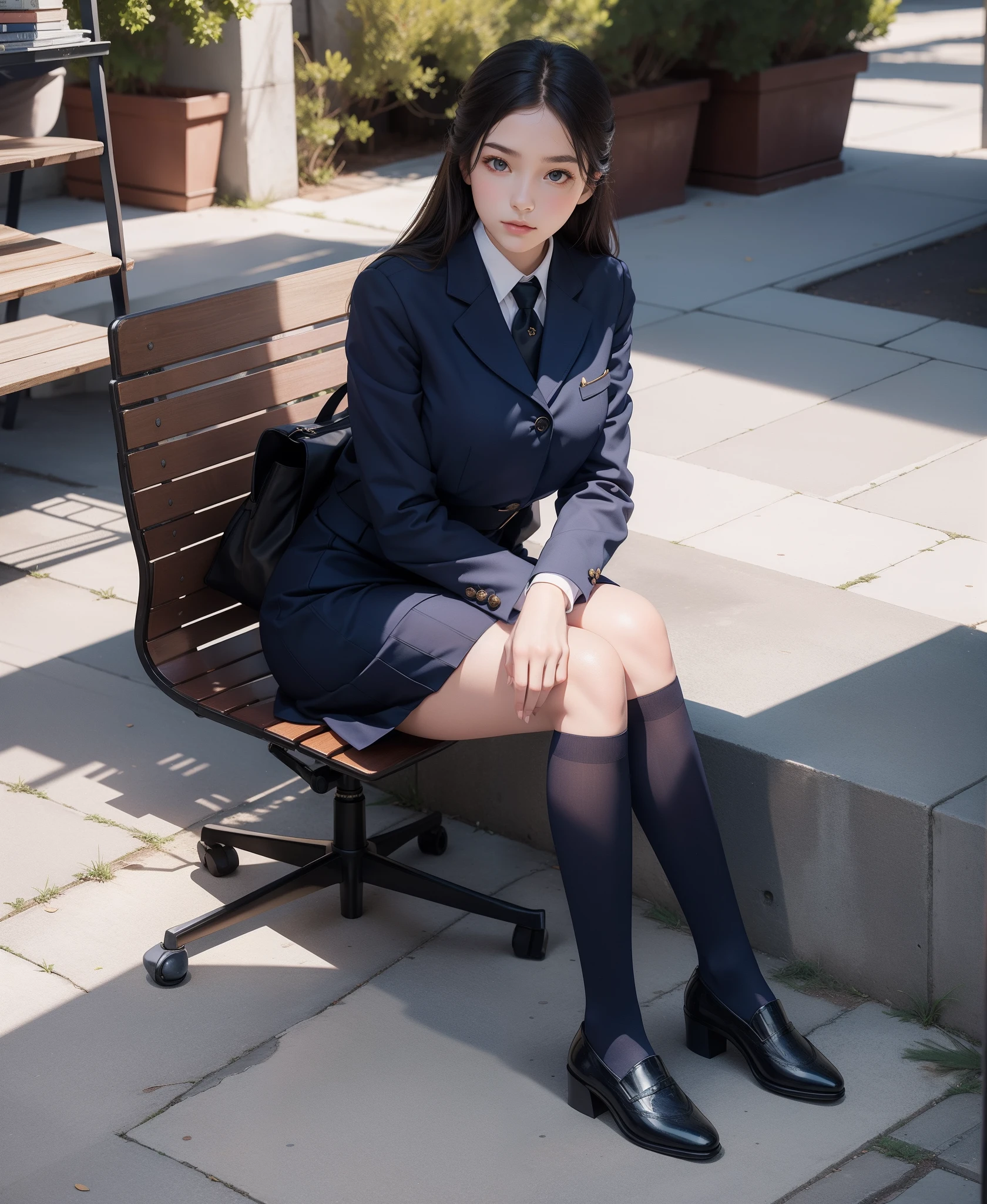(Top resolution、Distinct_image)、One lady、beste Quality、巨作、extremely detail、Semi-realistic、20 year old beautiful woman、Woman with short black hair、beautifull face、beautifull eyes、Triple bangs、Black School Uniform、Black pleated skirt、military outfit、hatting、air base、Stationed at the airport、Fighters、air force、bomber、、Very stretchy panties、sitting slit,Open legs with the soles of the feet together、（Skirt or rolled panties are visible）、Detailed crotch、