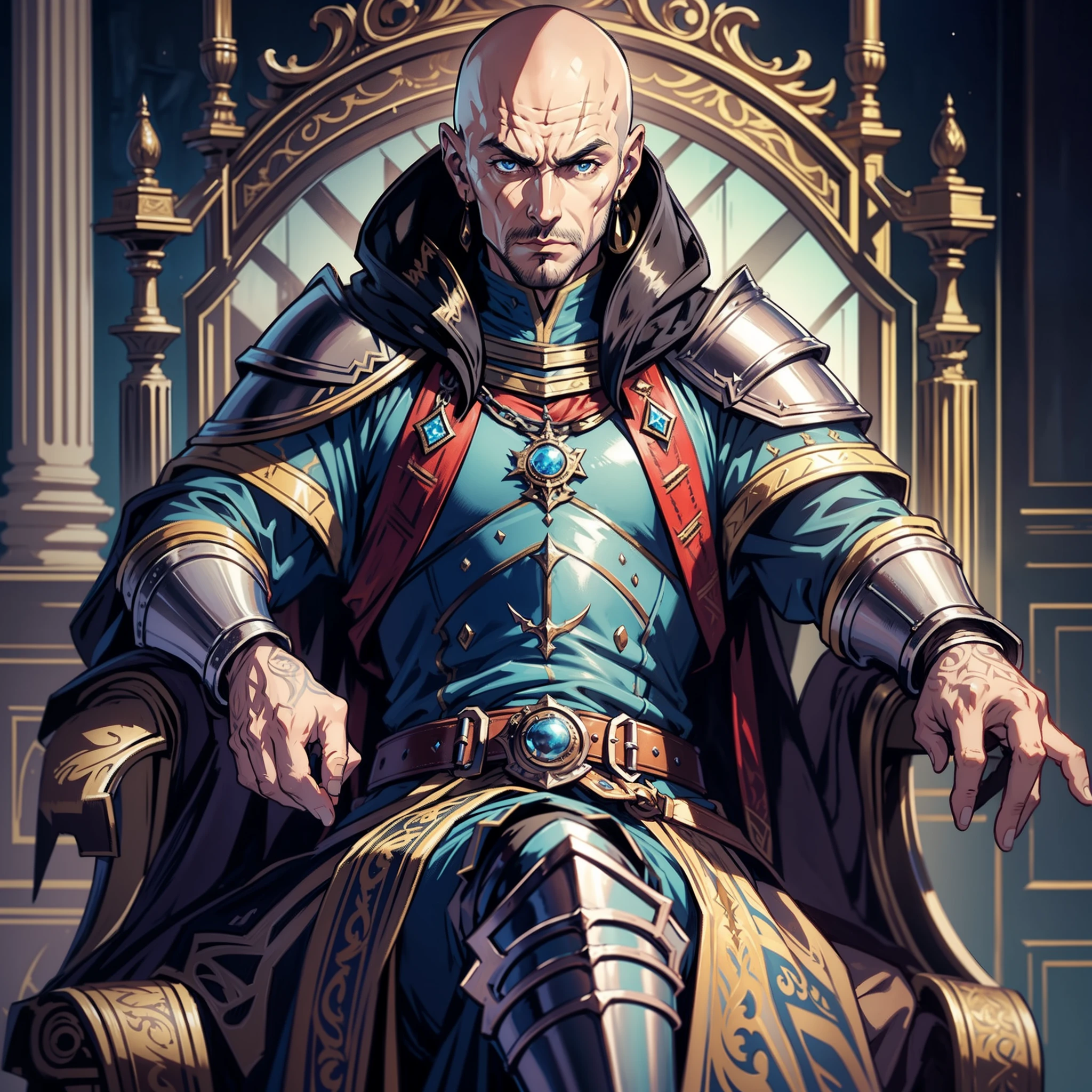 Castlevania Lord of the shadows hyper realistic super detailed muscular handsome warrior bald wearing medieval moroccan Armor leather Armor Wear hyper realistic super detailed sitting in great Legendary throne moroccan with his servants full wear