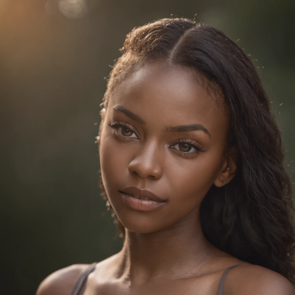 A stunning portrait of a black woman with honey eyes, soft skin, clothing stylish, illuminated by a hyperrealistic raw Nikon Z3 and helios 44 2 f2 58 mm swirly bokeh, film, fujifilm, with an anamorphic milky bokeh radiating from her full body.