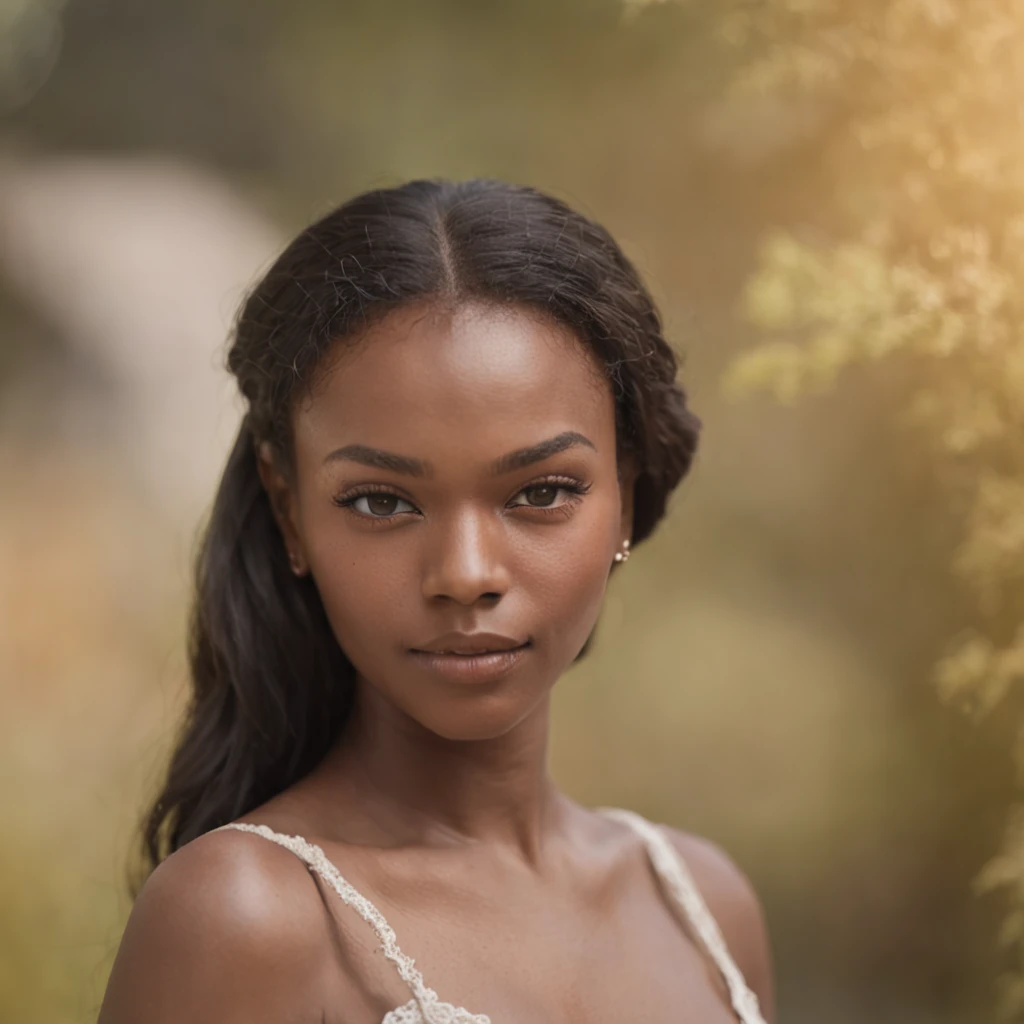 A stunning portrait of a black woman with honey eyes, soft skin, clothing stylish, illuminated by a hyperrealistic raw Nikon Z3 and helios 44 2 f2 58 mm swirly bokeh, film, fujifilm, with an anamorphic milky bokeh radiating from her full body.
