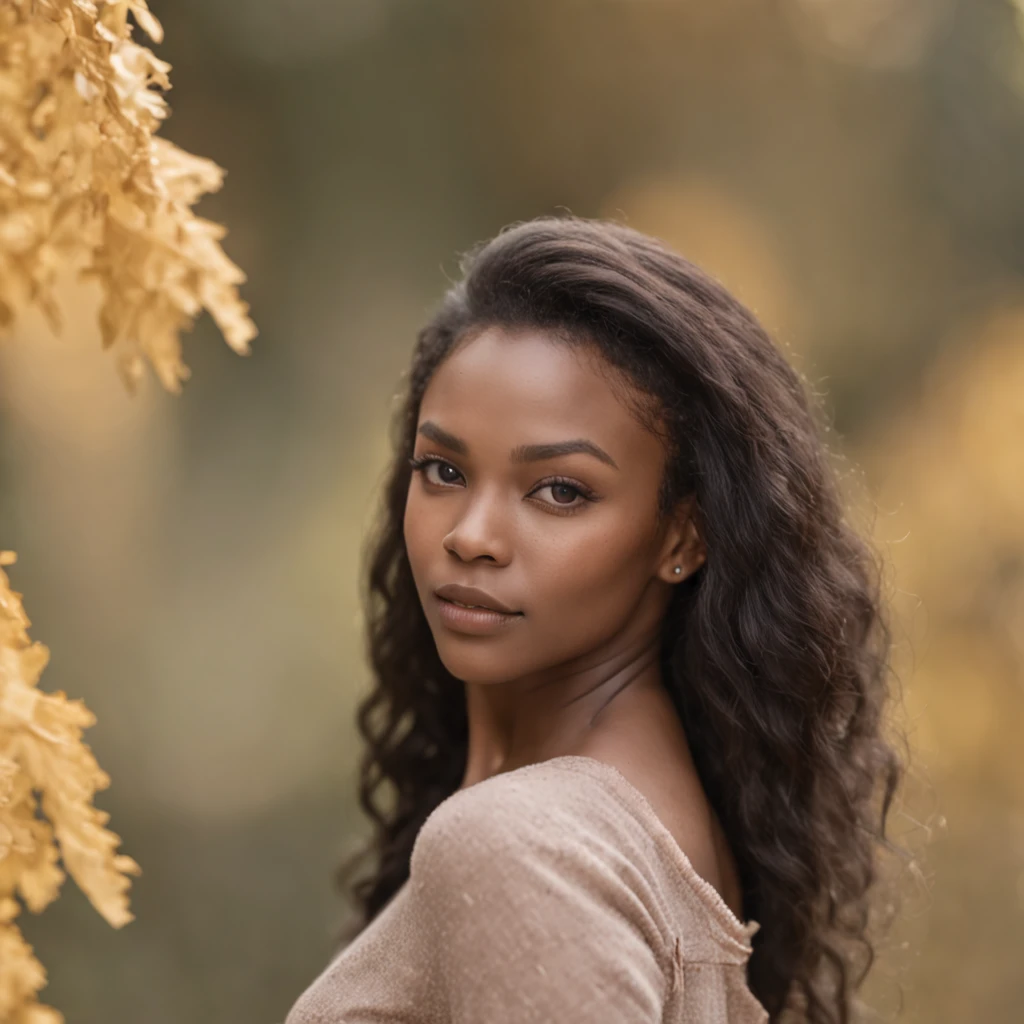A stunning portrait of a black woman with honey eyes, soft skin, clothing stylish, illuminated by a hyperrealistic raw Nikon Z3 and helios 44 2 f2 58 mm swirly bokeh, film, fujifilm, with an anamorphic milky bokeh radiating from her full body.