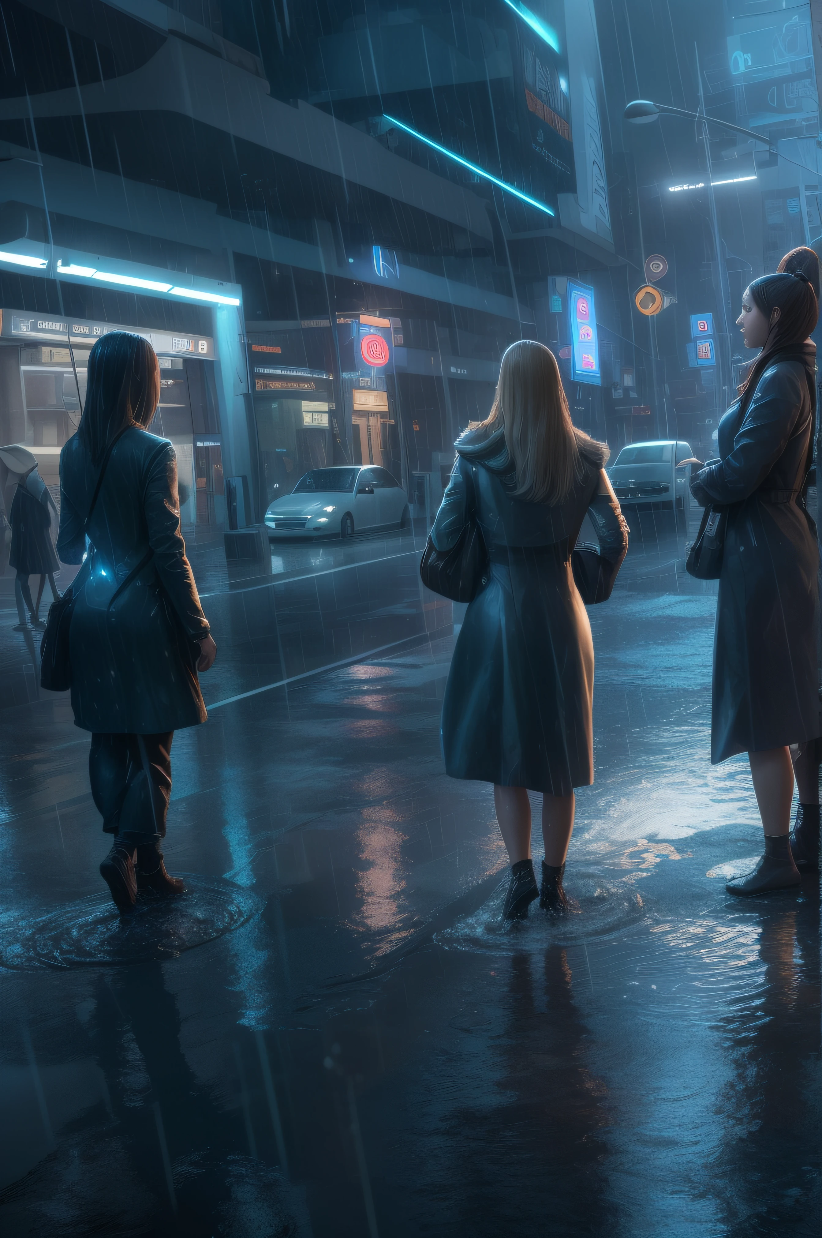 in a futuristic city. Four women with exceptionally long hair and huge breasts were on the way to their daily work, waiting for the bus on a busy street. Dressed in very wet and strict futuristic office wear, super detailed photography, Play of light in the sun rain, downpour, ((a drop of water falling from a height onto the surface of the water)), splashes, luminism, intricate, 4k concept art volumetric light, unrealistic engine, global illumination, detailed environment.