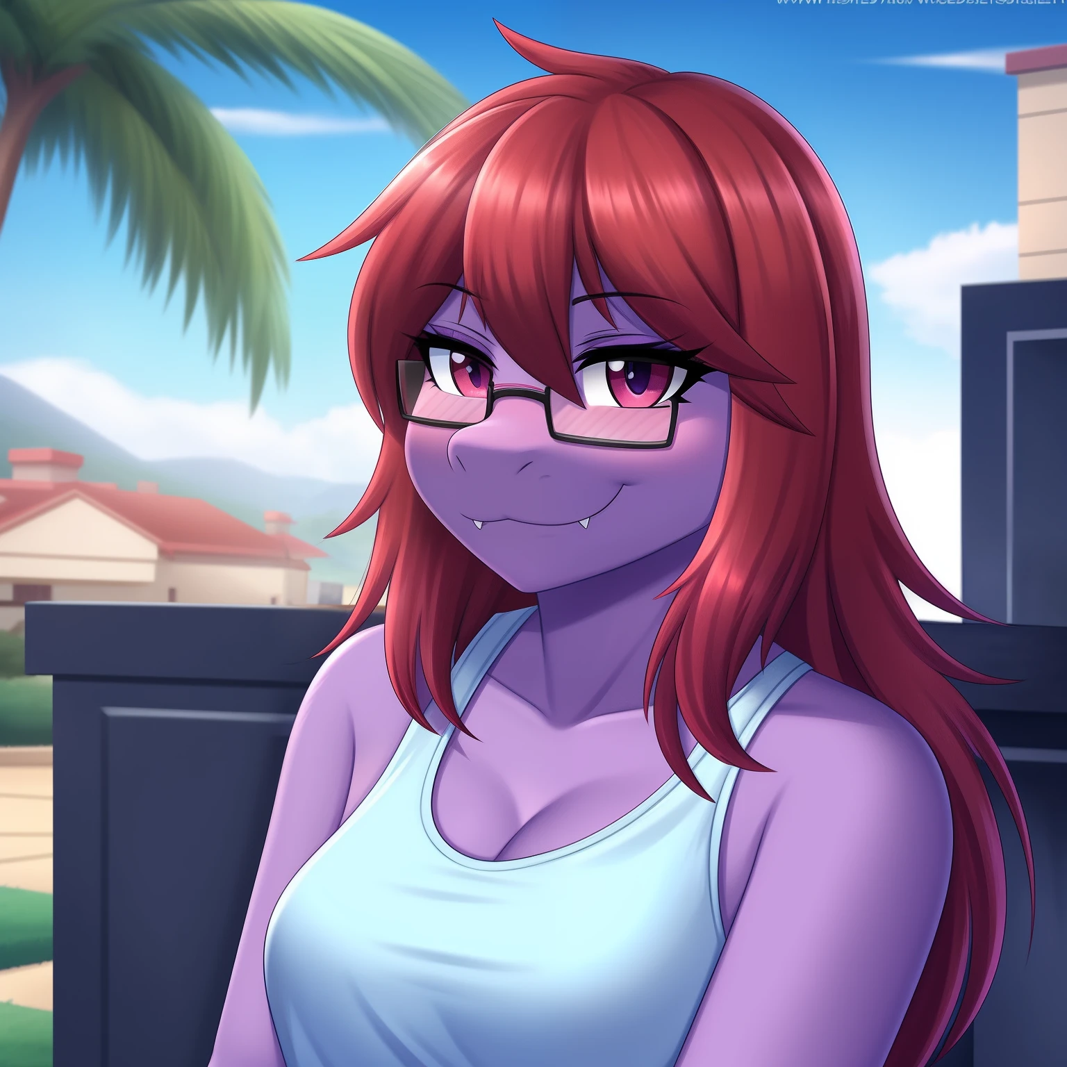Susie from Deltarune, professional art made by twistedscarlett60, female, purple body, solo, artist:twistedscarlett60, glasses, tanktop, black tanktop, fangs, smug face, bust, cute, 8k, outdoors