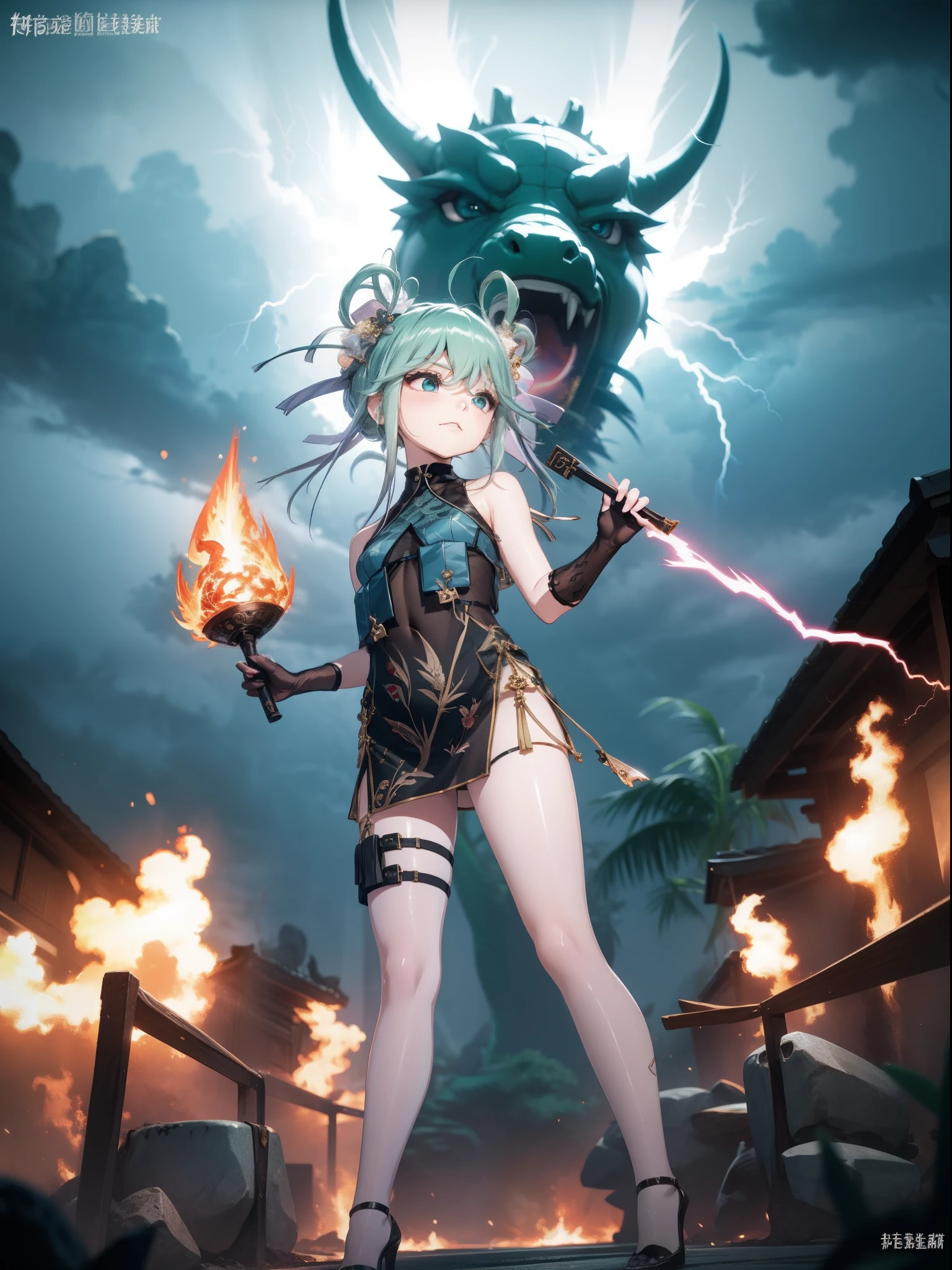 , standing in front of the dragon statue, holding fan, glaze expression, wearing a green China short dress, heels, Beautiful eyes, close up, lightning effect, lightning particle, outdoor, masterpiece