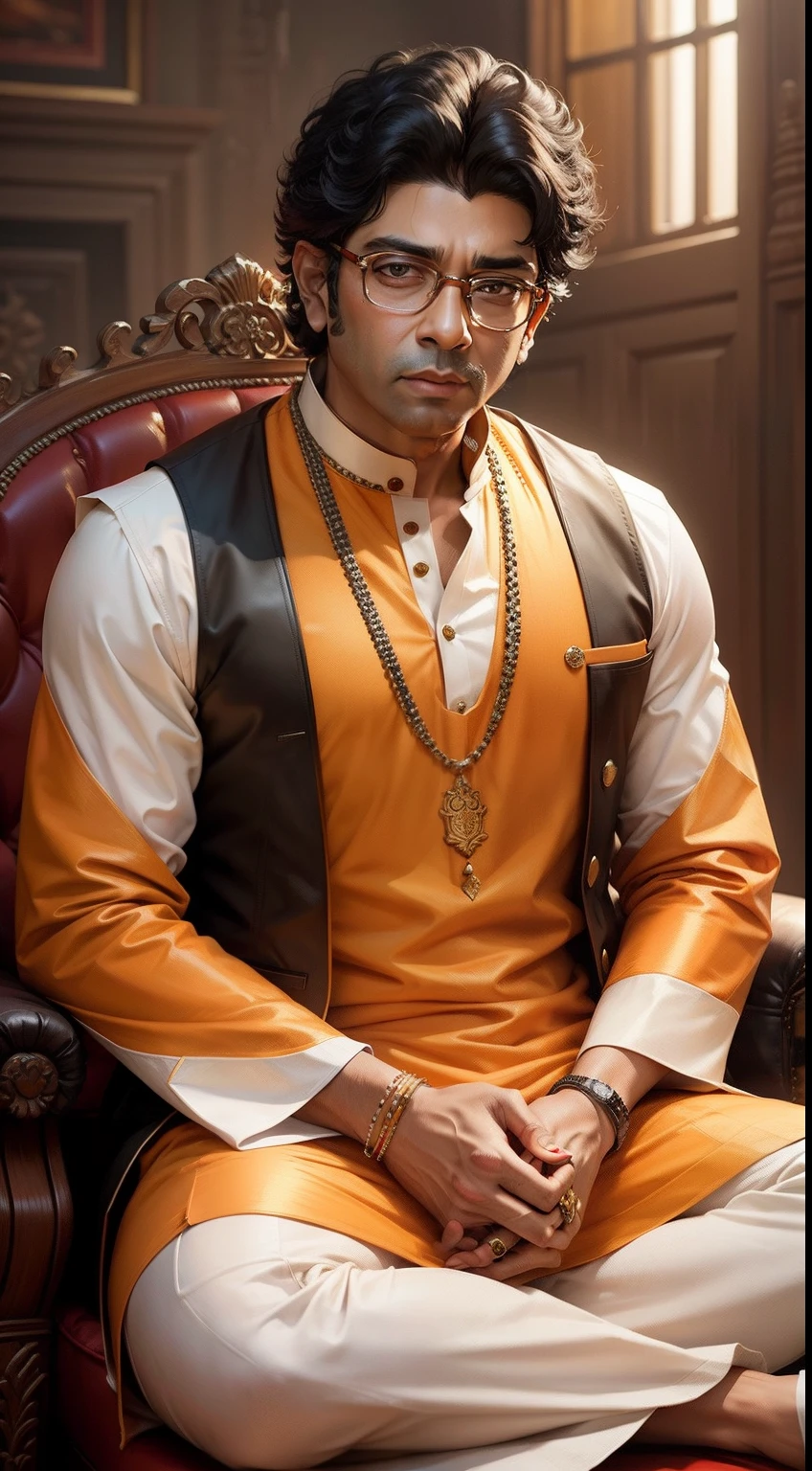 Raj thackeray wearing orenge kurta seating king style with tiger realistic oil painting effect