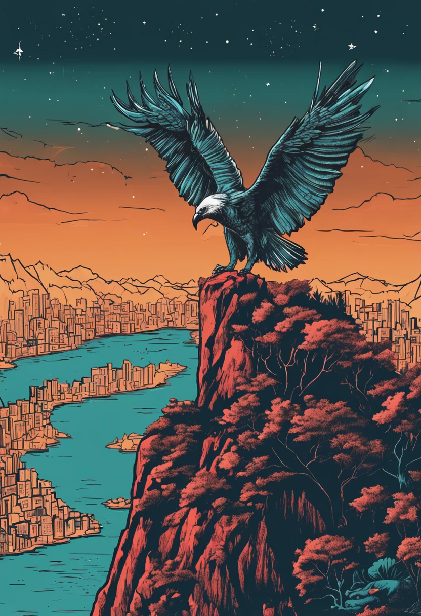 dark night, on the right side a vulture on the edge of the cliff, flying over the Vista Chinesa hill, in Rio de Janeiro, stars in the sky and many trees descending the cliff
