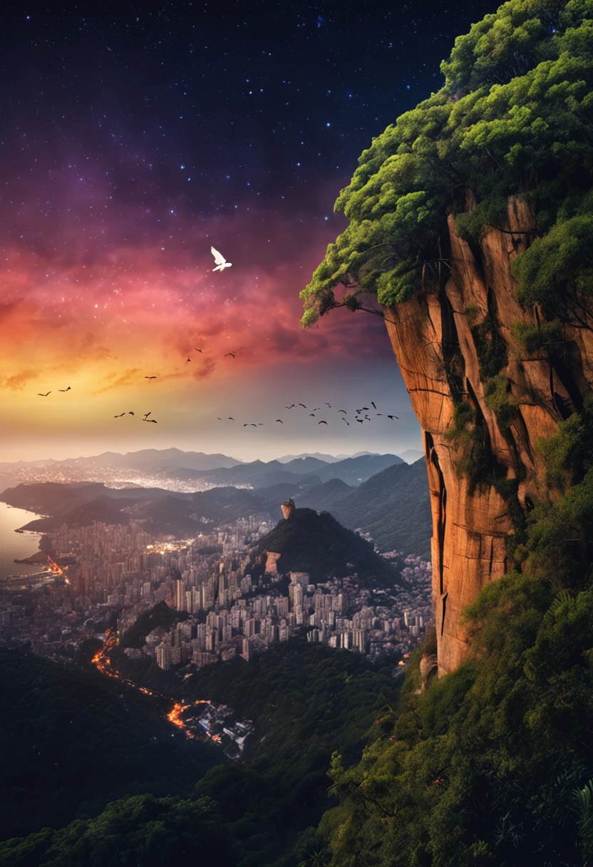 dark night, on the right side a vulture on the edge of the cliff, flying over the Vista Chinesa hill, in Rio de Janeiro, stars in the sky and many trees descending the cliff