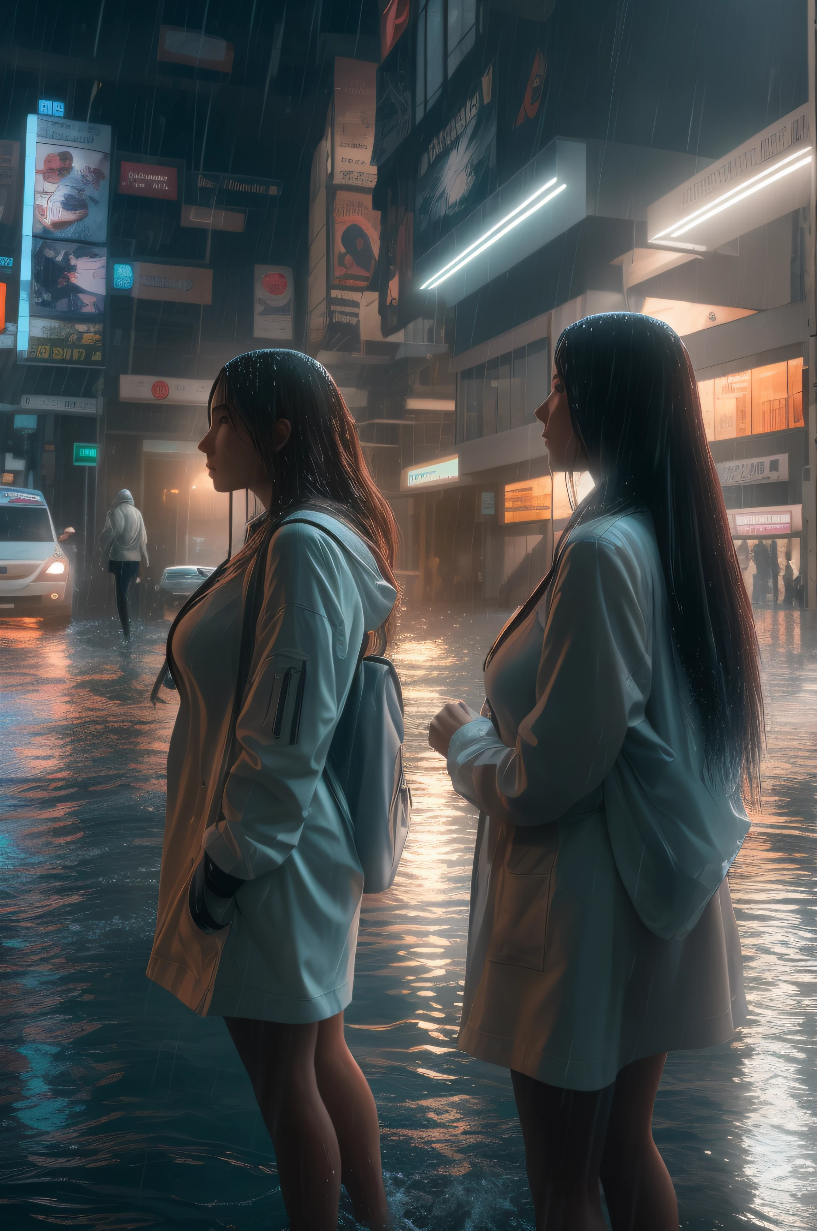 in a futuristic city. Four women with exceptionally long hair and huge breasts were on the way to their daily work, waiting for the bus on a busy street. Dressed in very wet and strict futuristic office wear, super detailed photography, Play of light in the sun rain, downpour, ((a drop of water falling from a height onto the surface of the water)), splashes, luminism, intricate, 4k concept art volumetric light, unrealistic engine, global illumination, detailed environment.