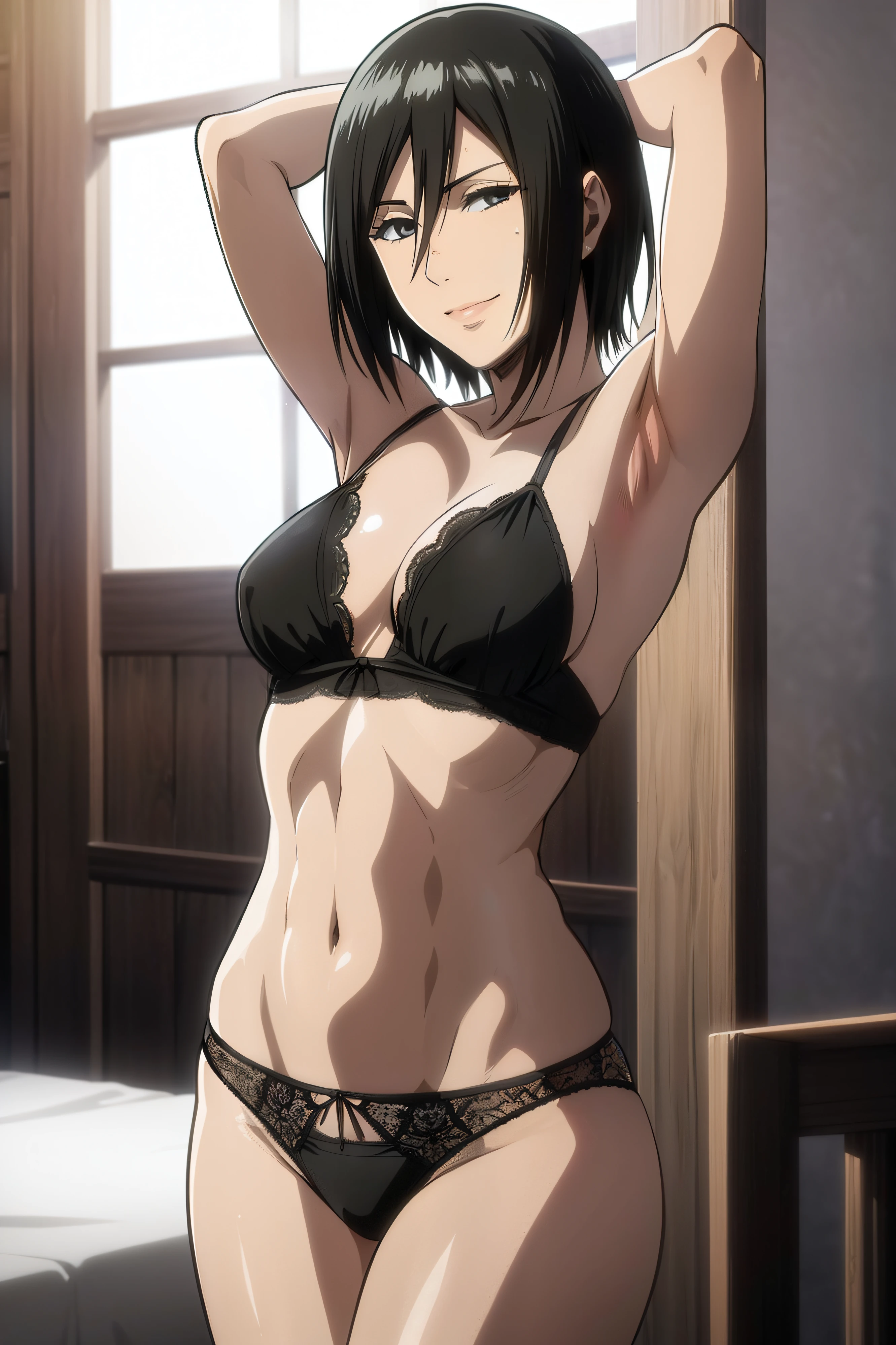 Dazzling, Armpits, intricate detailes, 1girl in, Mikasa Ackerman, (A dark-haired:1.3), hair between eye, short-haired, sideburns, s lips, shut, Yui, s lips, ​masterpiece, best qualtiy, hason, Baezon, Black eyes,Black eyes, muscle, medium breasts, gently smiling、Black underwear、Lace underwear、Erotic lace underwear