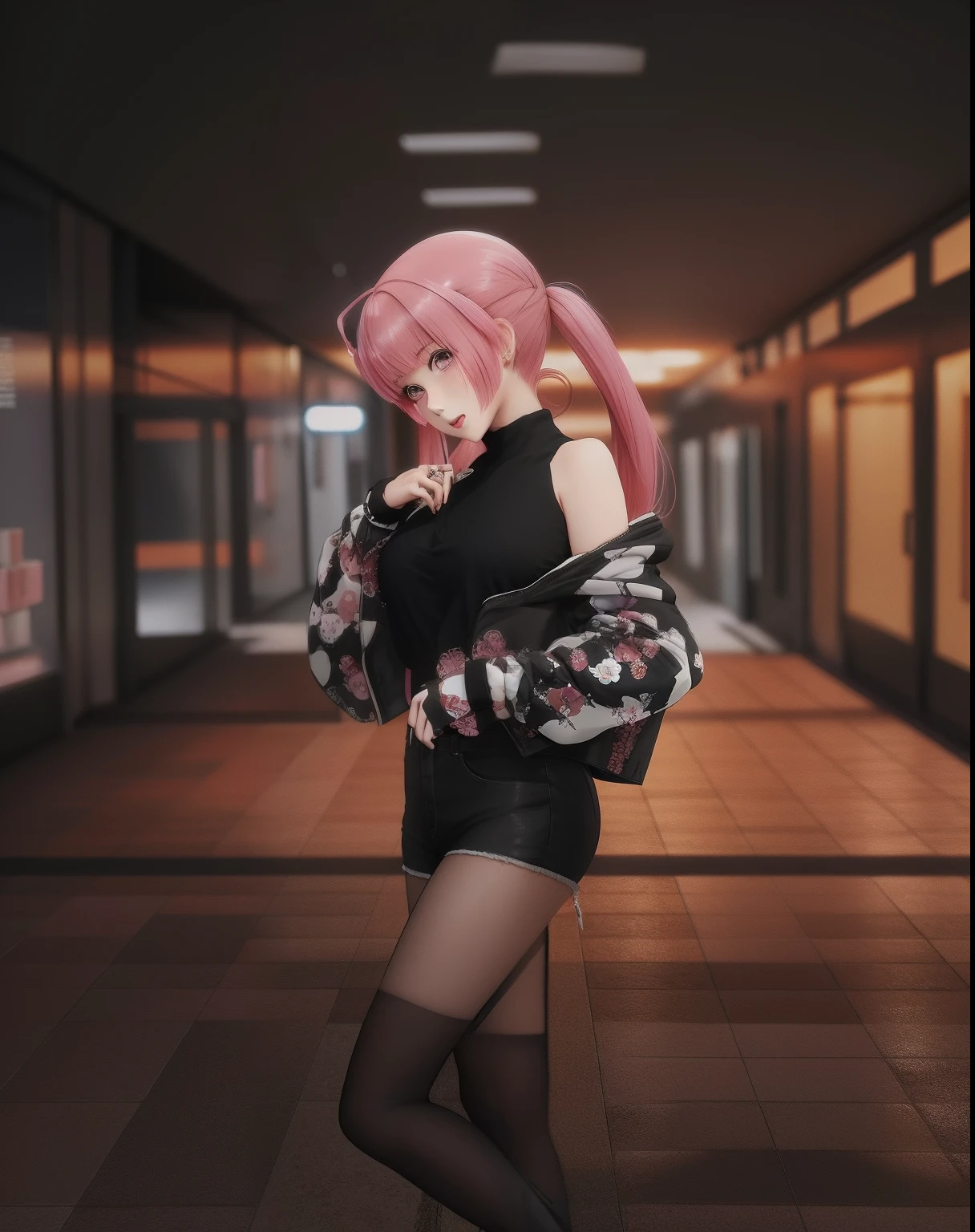 Anime girl with pink hair and a black top standing in a hallway, estilo anime. 8k, anime estilo 3d, estilo anime, anime. soft lighting, arte digital estilo anime, estilo anime 4K, cabelo rosa twintail e olhos cianos, inspirado em Rei Kamoi, em um shopping, estilo anime moderno, Estilo anime 3D realista, retro anime girl