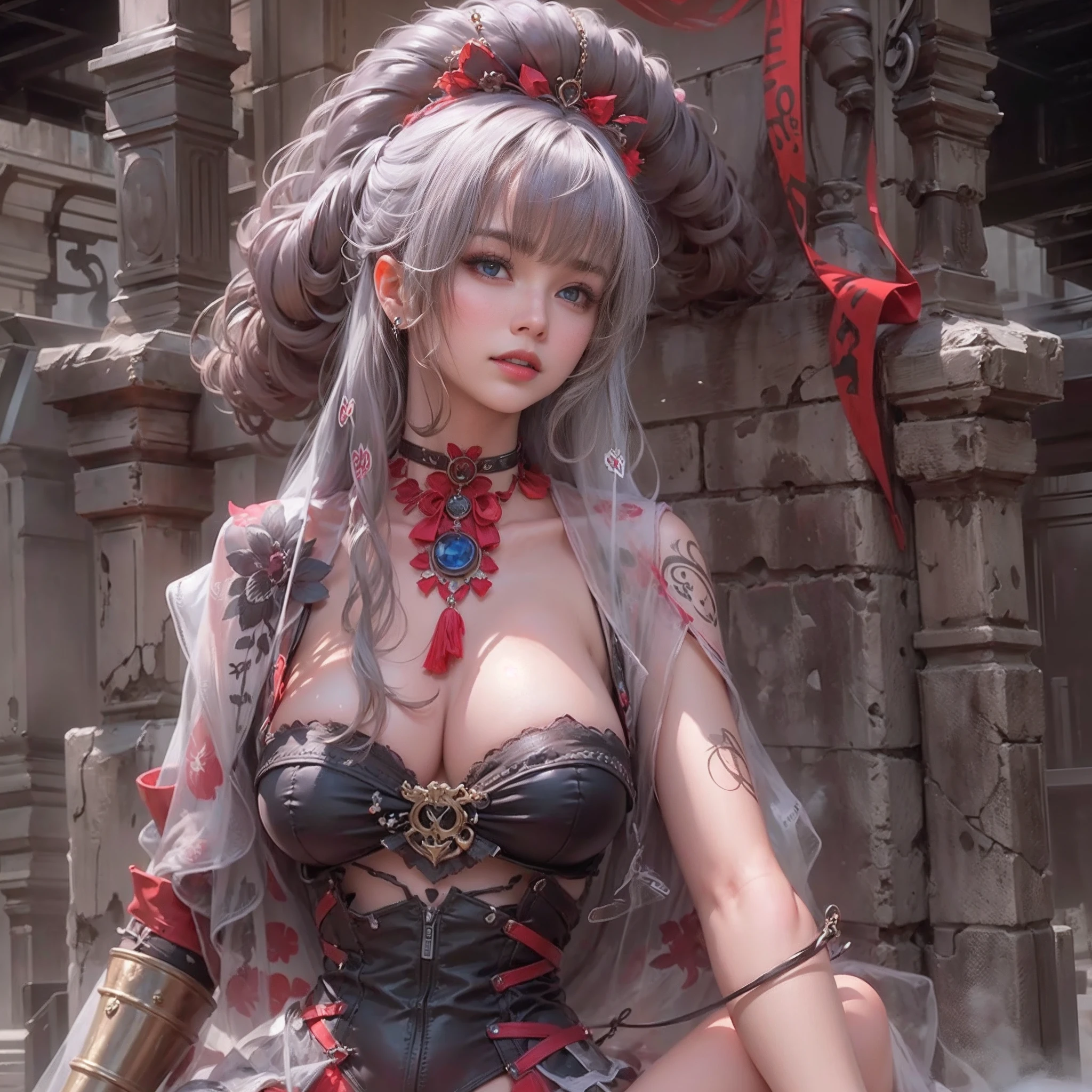 ((masterpiece:1.4)、(top-quality:1.4)、(reallistic:1.7))、a beauty girl、Super sexy girl、Super beautiful girl、((1girl in:1.4))、Shiny natural skin texture、By Luis Royo、age19、Super Ultra Ultra Bikini、Cute tattoos、(Two arms:1.4、Two legs:1.4)、(perfect anatomia:1.4)、(Perfect female body:1.4)、Portrait photo of a girl、Soft front light、Beautiful expression、kawaii faces、Beautiful udder、Colossal tits、Beautiful ass、A detailed eye、Draw eyes clearly and beautifully、beautidful eyes、Narrow waist、Raw photo、red-lips、Red high heels、a choker、a necklace、耳Nipple Ring、1 screen display、Ancient city ruins