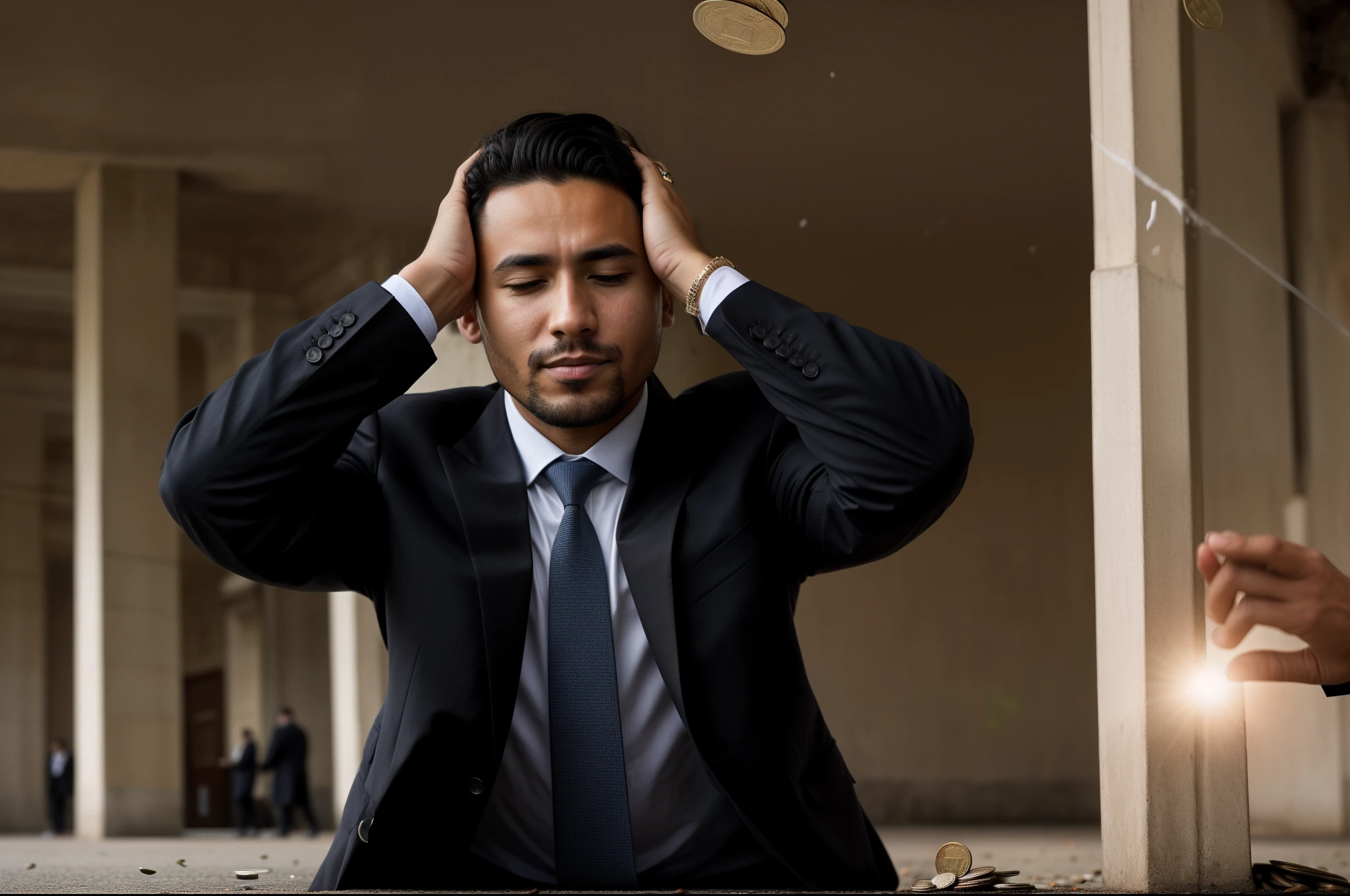 there is a man that is holding his head in his hands , Money notes falling to the ground , coins falling to the ground