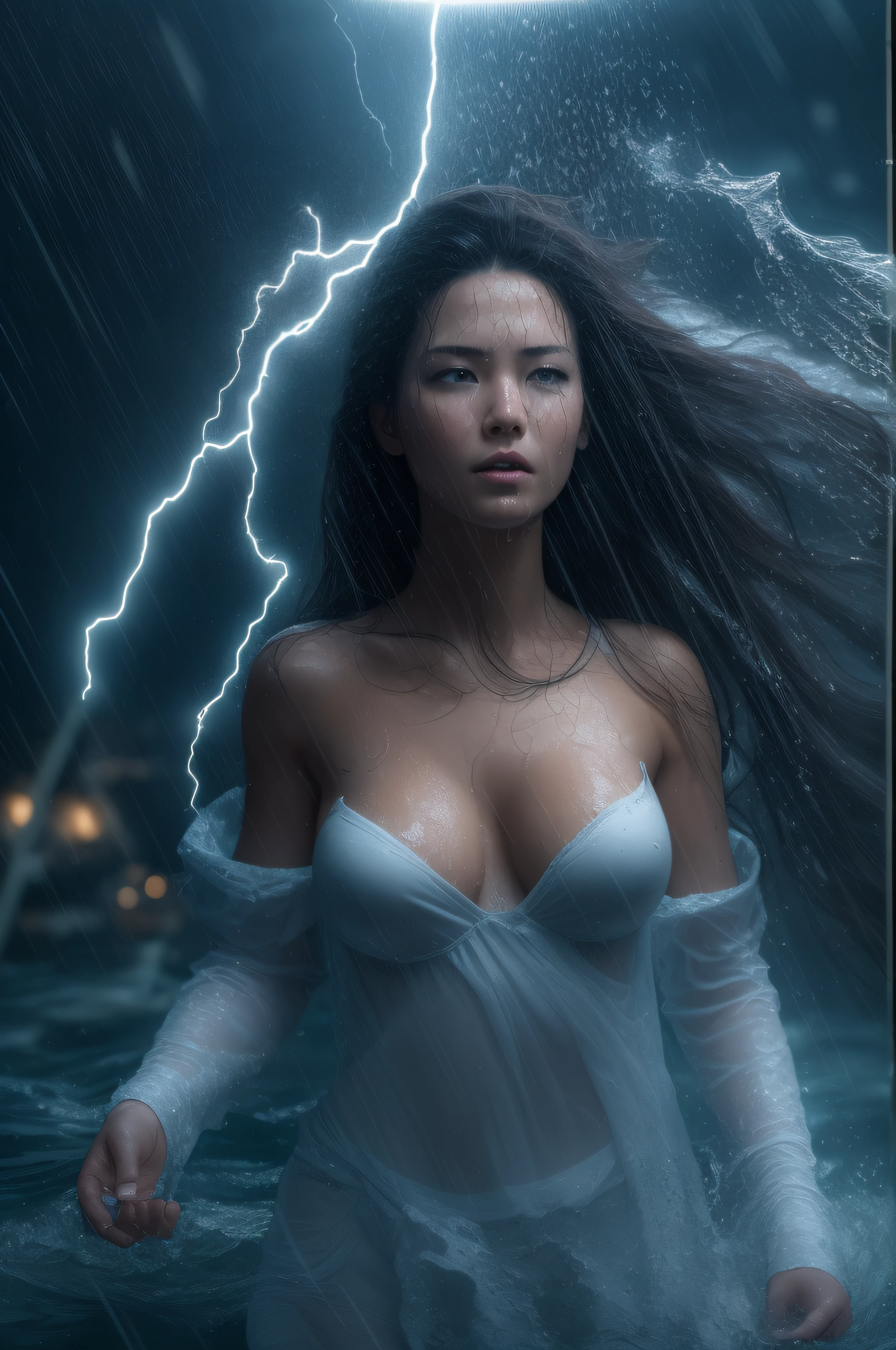 A very violent current plagues the staff. bright lightning beams flash through the sky everywhere. There is also a violent wind and the water are everywhere at and height of one metre. One hundred naked women with exceptionally long hair and huge breasts playing outside. super detailed photography, Play of light in the sun rain, downpour, ((a drop of water falling from a height onto the surface of the water)), splashes, luminism, intricate, 4k concept art volumetric light, unrealistic engine, global illumination, detailed environment.
