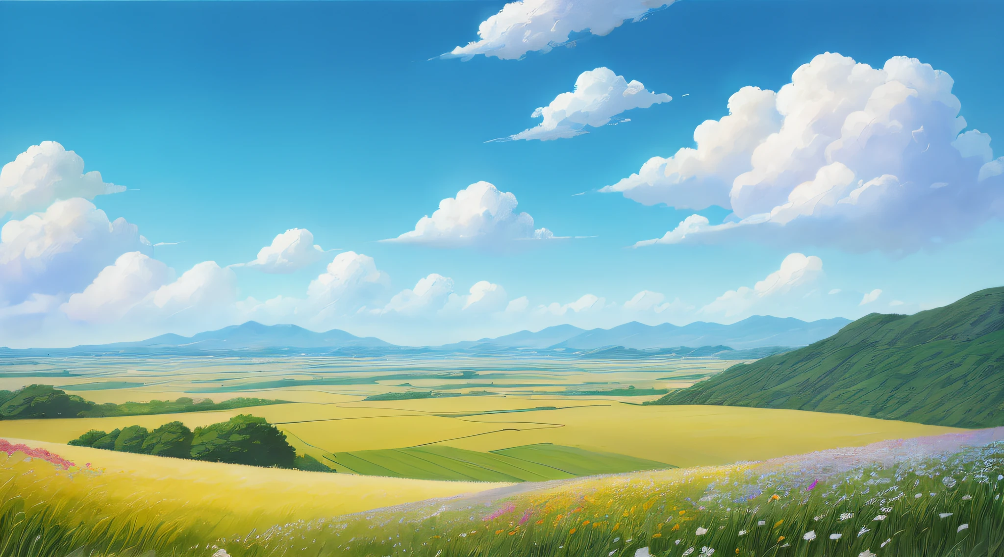 painting of a landscape with a field of flowers and mountains, anime countryside landscape, anime landscape, anime background art, detailed scenery —width 672, anime landscape wallpaper, anime background, distant village background, painted in anime painter studio, beautiful anime scenery, anime scenery, anime scenery concept art, anime movie background, background art, distant valley, a beautiful landscape