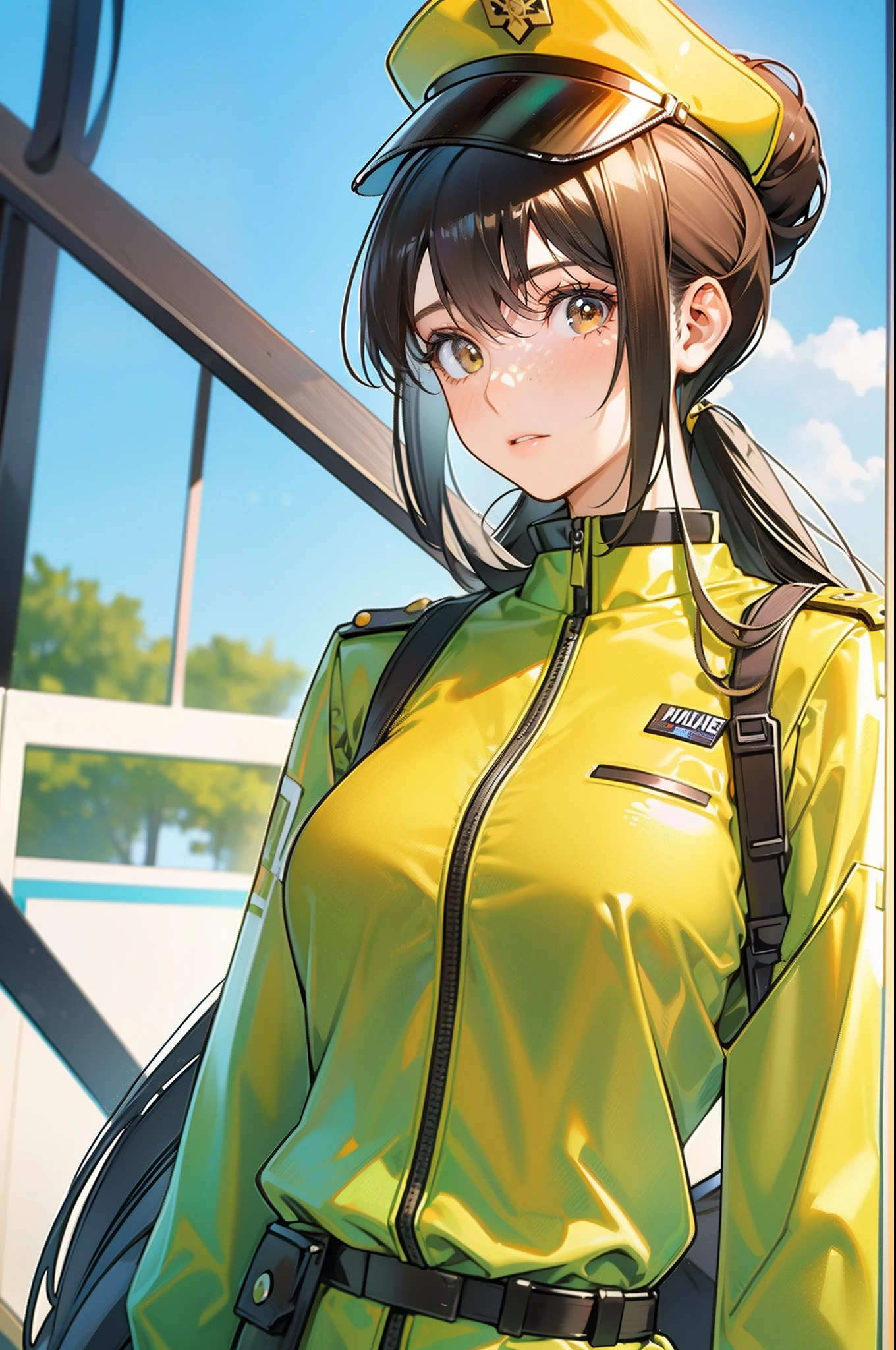 1 woman, Chie Satonaka (from persona 4, light brown short hair, white skin, brown eyes, strong fit body:1,2), green and yellow jacket, , bare shoulders, looking at the viewer, white socks and sneakers, lascivious short skirt, panties, ecchi, in a japanese city park, anime style, wideshot, bare belly, blushing, sexy:1,5, tight wet white t-shirt