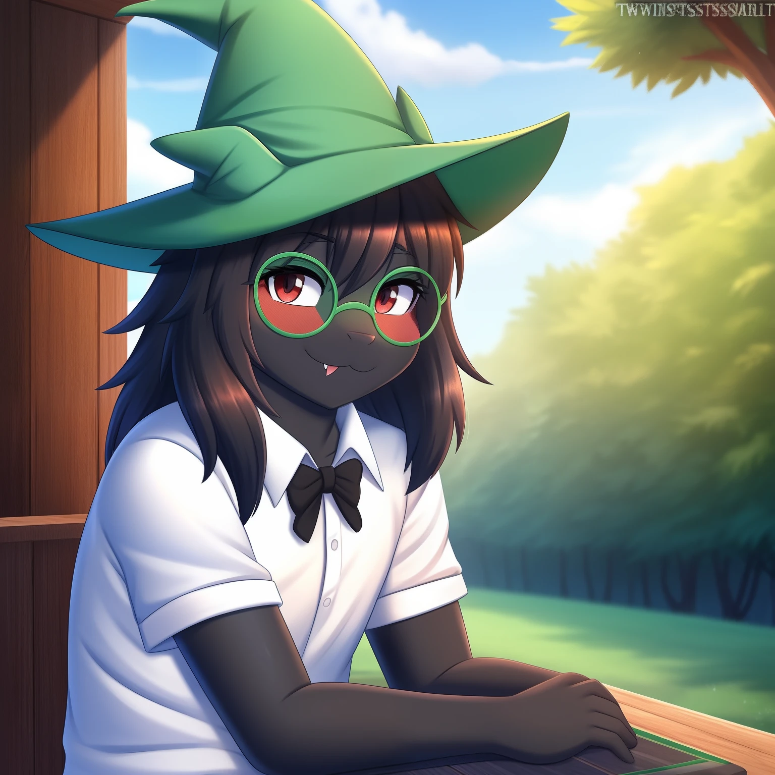 Ralsei from Deltarune, professional art made by twistedscarlett60, male, black body, solo, artist:twistedscarlett60, glasses, white shirt, short sleeves, fangs, smug face, upper body, cute, 8k, outdoors
