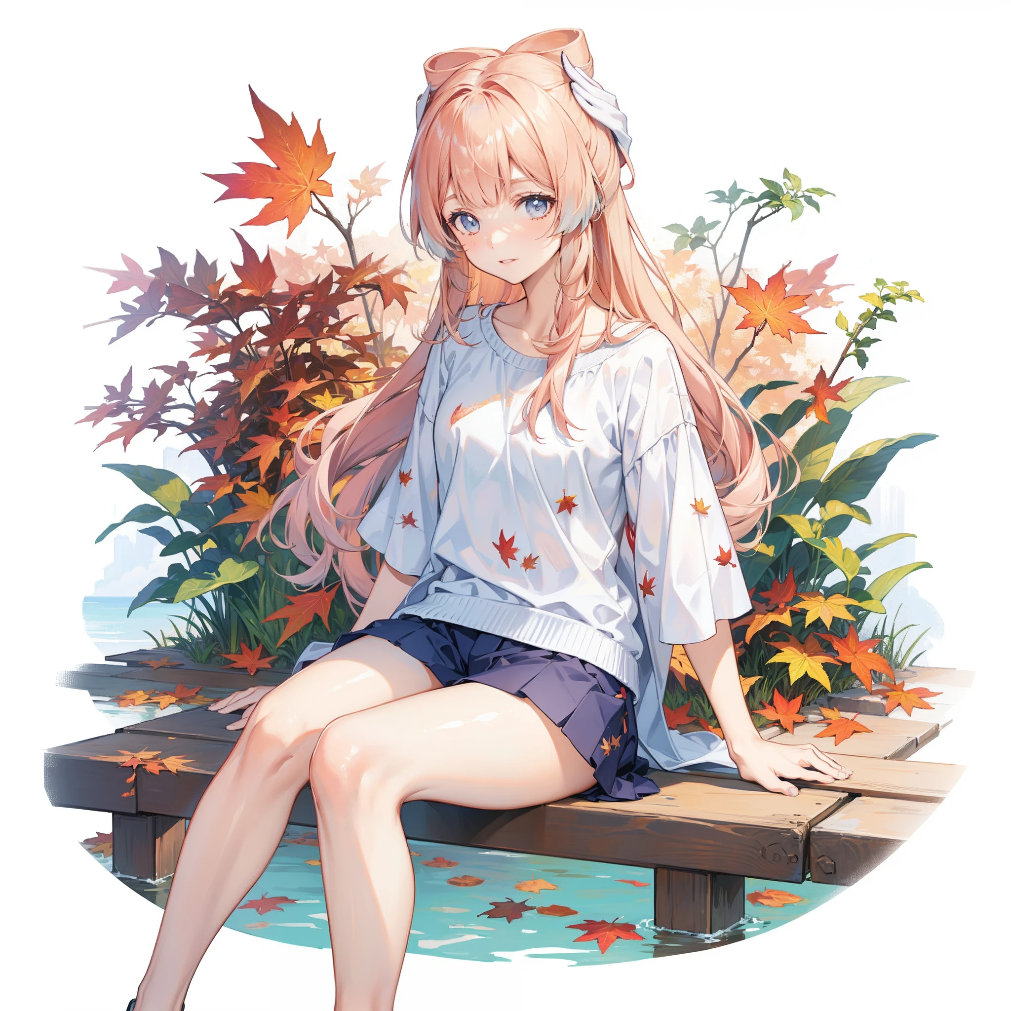 autumn leaves pattern white background, sitting in the middle, casual outfit