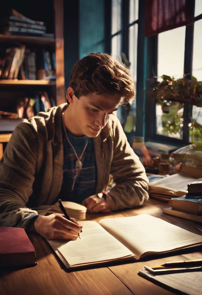 Student studying at his desk in low light with lamp at midnight