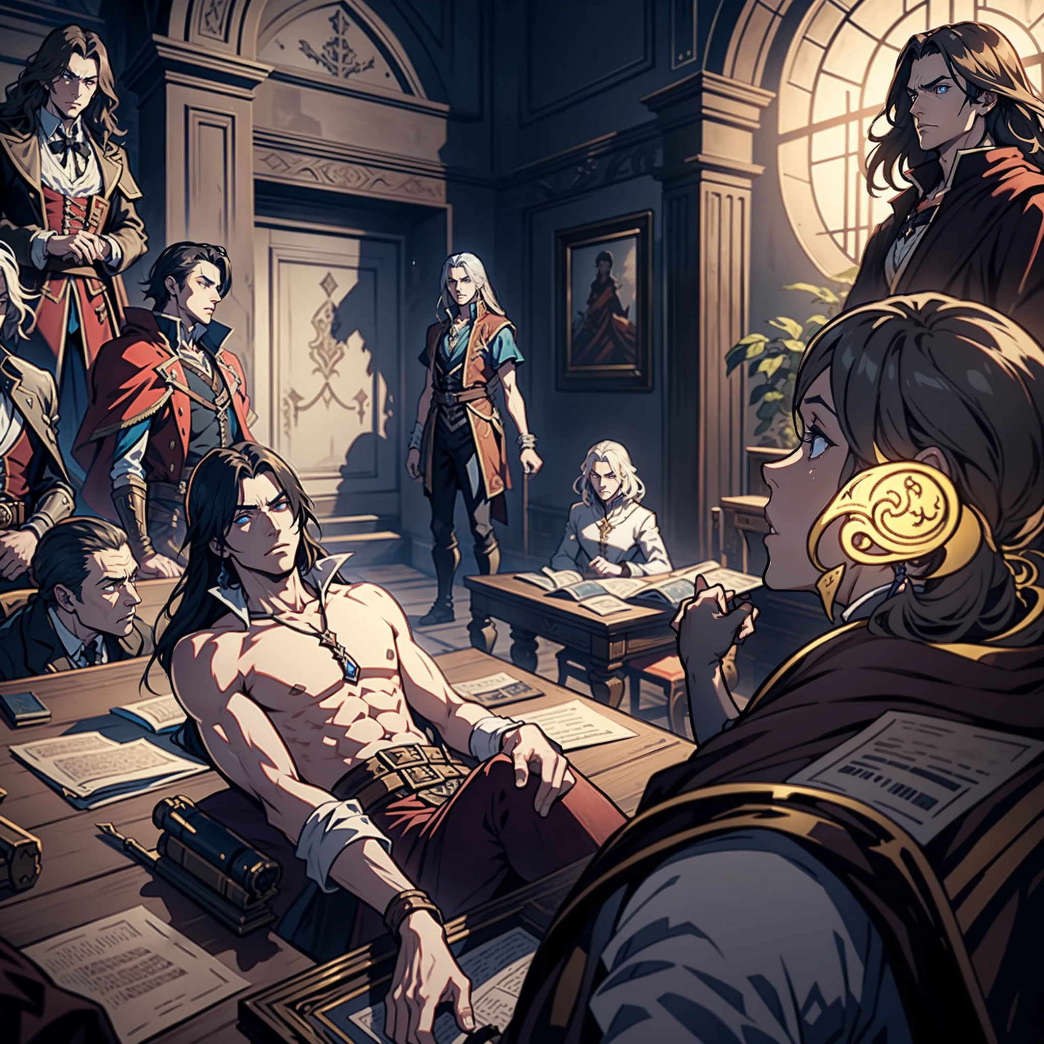 Castlevania Lord of the shadows hyper realistic super detailed cinematic scenes of 7 men discussing ancient Scrolls