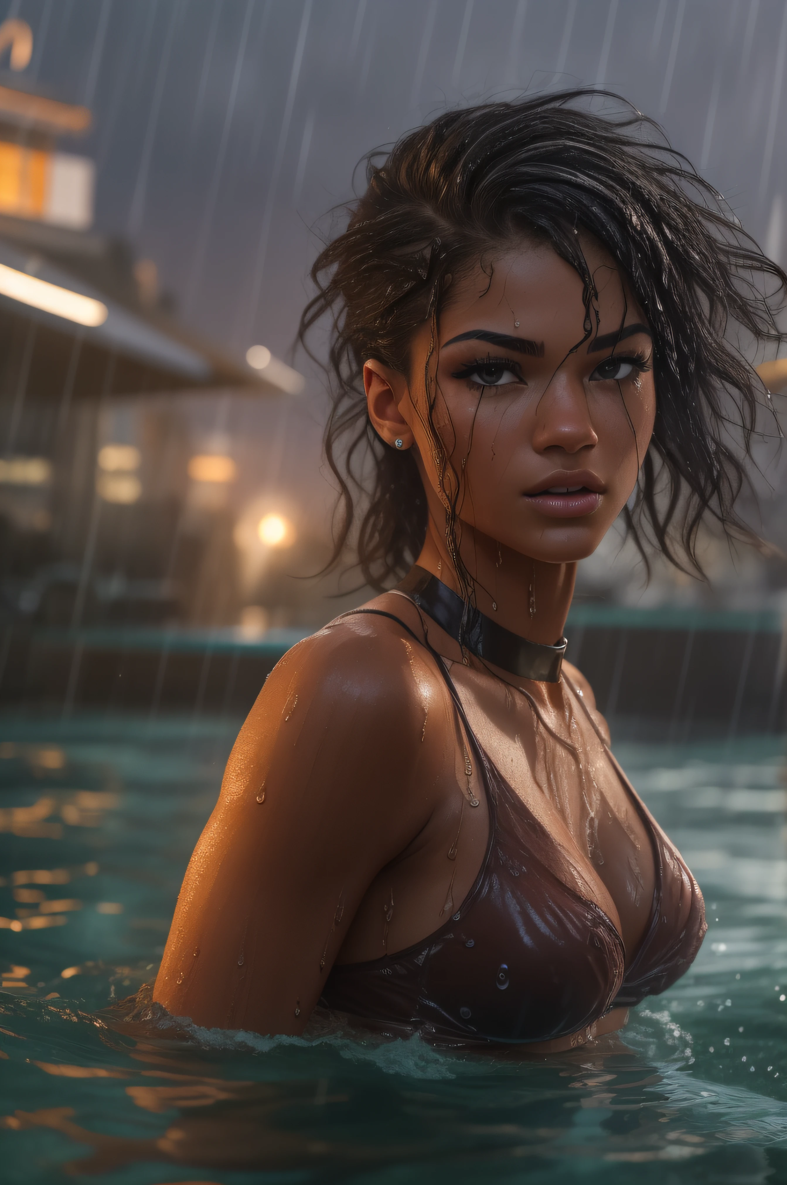 A very violent current plagues the staff. bright lightning beams flash through the sky everywhere. There is also a violent wind and the water are everywhere at and height of one meter. A dark brown-haired photographically ebony and muscular 25-year-old Zendaya wears a short orange Egyptian flapping cloak, with bare shoulders and a gigantic deep neckline, as she runs along the quay of a river flowing through a futuristic Egyptian city with her wet hair and clothes flapping in the rough wind. attractive body :1.4), sit-ups :1.1, ), (wet rainy, wet by rain, wet body :1.2), ((thin waist)), ultra-detailed face, detailed lips, detailed eyes, double eyelid, visible veins and curves, pool party, pool.