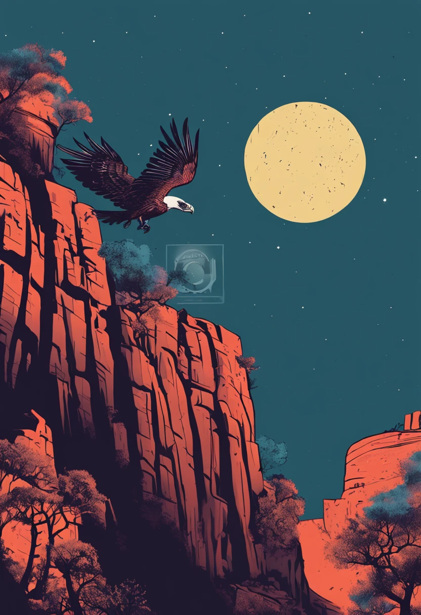 dark night, on the right side a vulture on the edge of the cliff, flying over the hill of Vista Chinesa, in Rio de Janeiro, stars and full moon in the sky and many trees descending the cliff