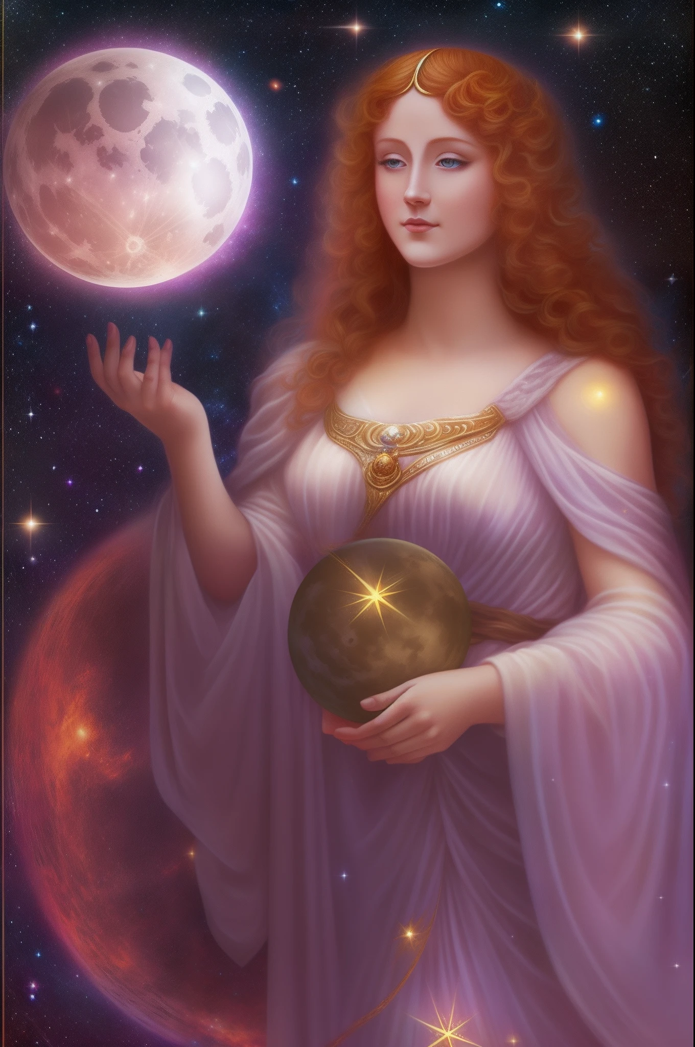 a beautiful heavenly redheaded priestess with soft features in a galaxy outter space background wearing goddess clothing holding a ball of light in her hands with the moon behind her.